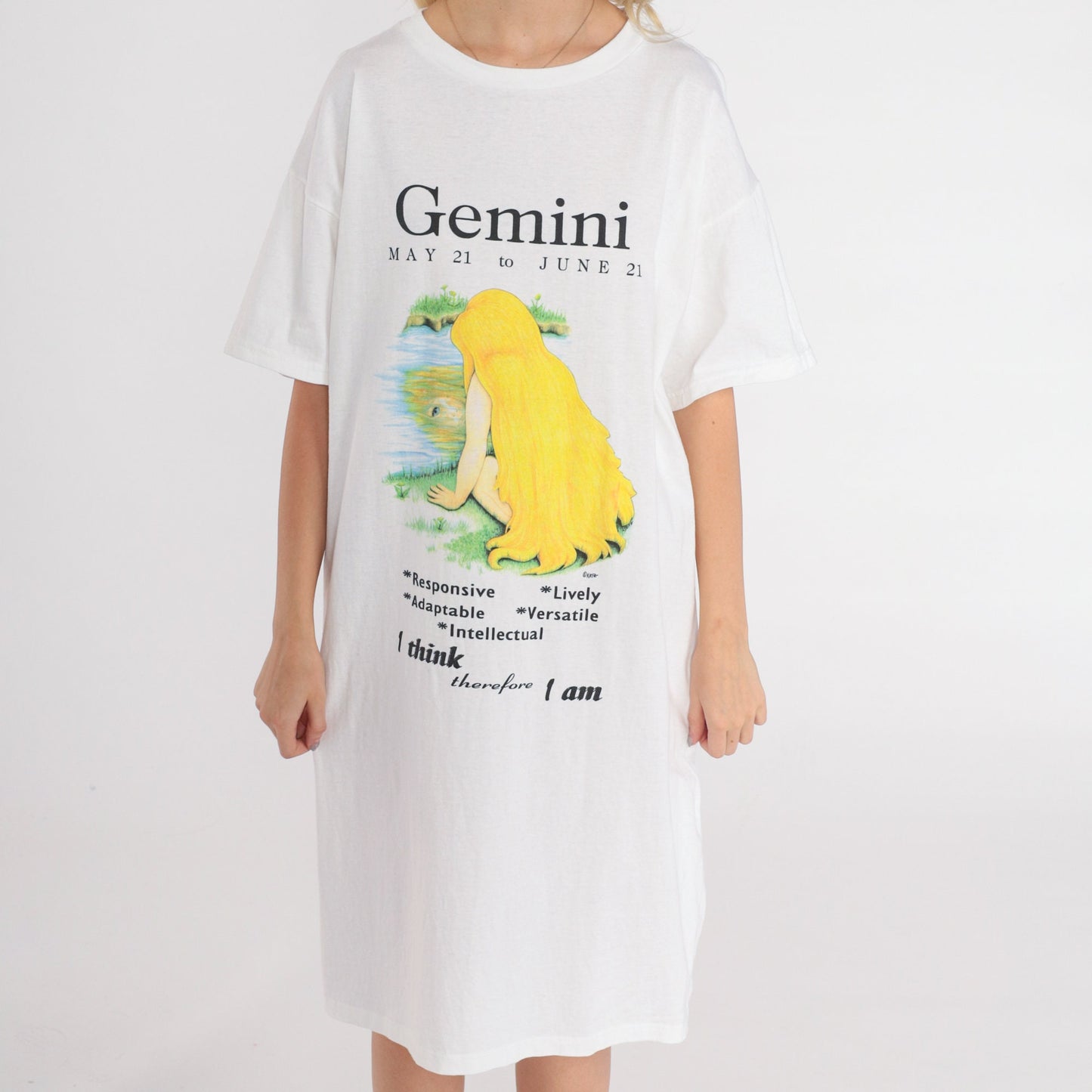 90s Gemini Zodiac Graphic T-Shirt Dress White Cotton Mini Small