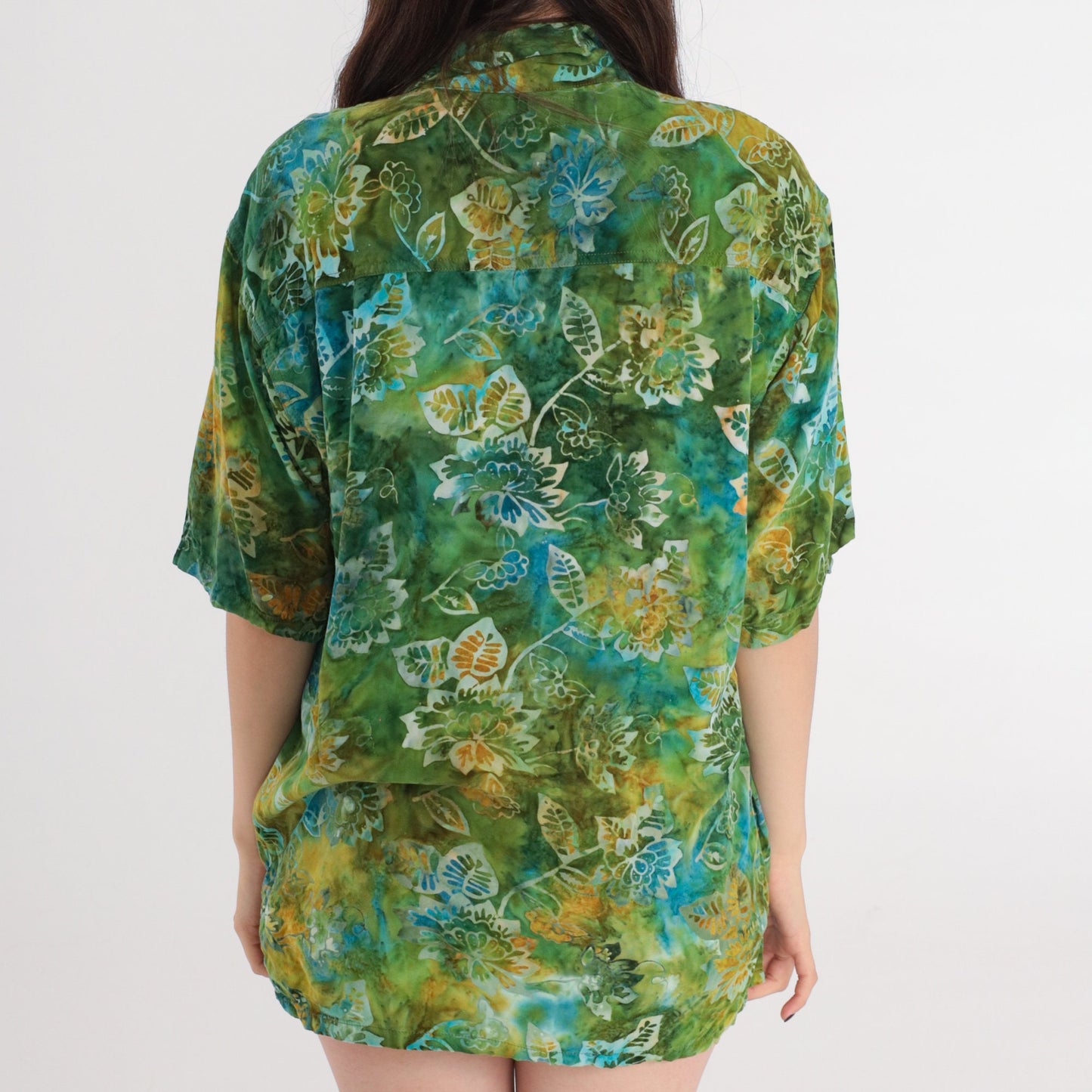 90s Tropical Floral Button Up Shirt Green Tie Dye Men's Large