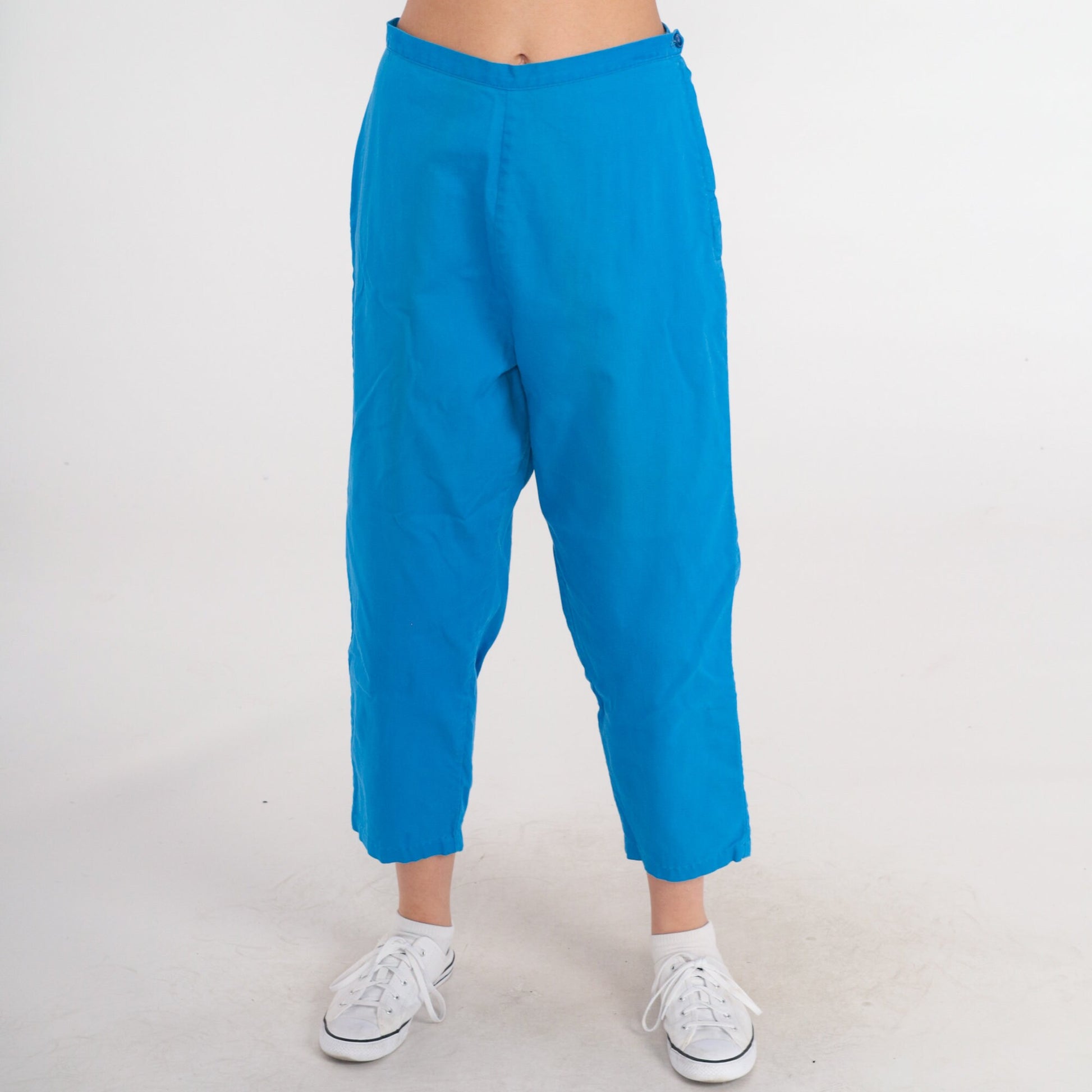 60s Bright Blue High-Waisted Cropped Trousers Side Zip Straight Leg Small