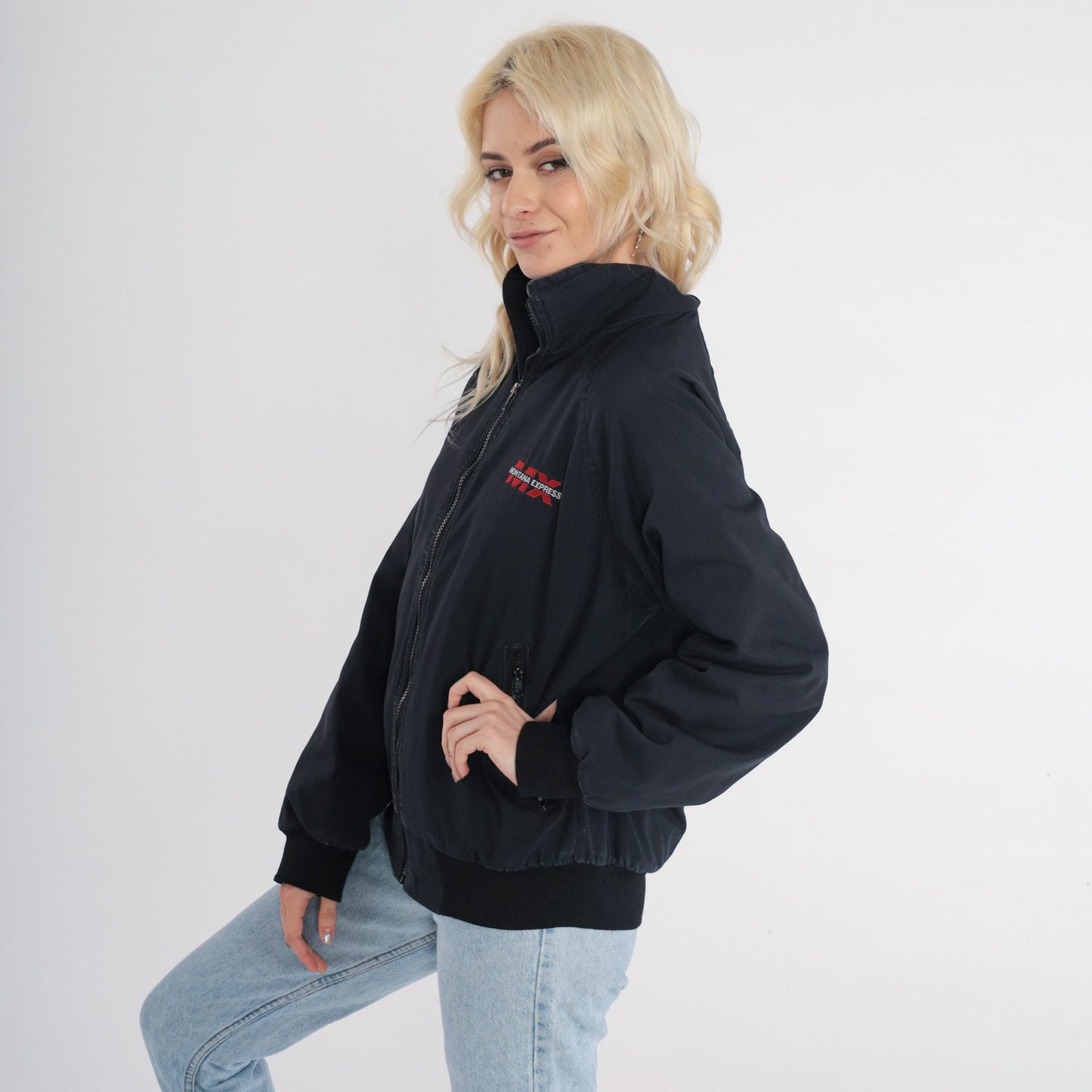 90s Montana Express Trucker Jacket Black Fleece Lined Windbreaker Small