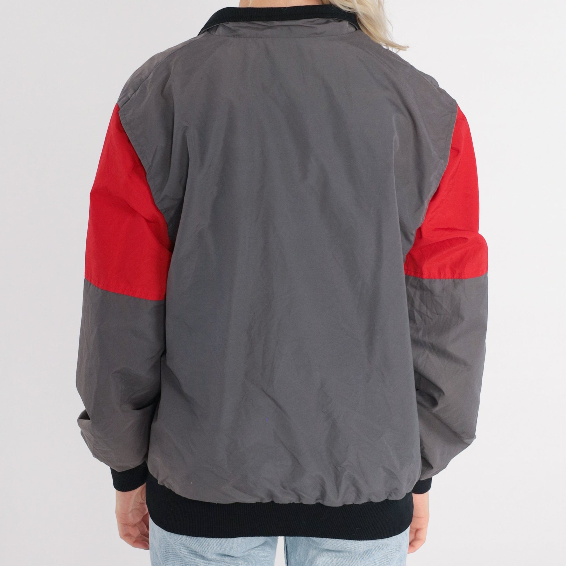 80s Grey Red Striped Nylon Windbreaker Pullover Half-Snap Jacket Medium