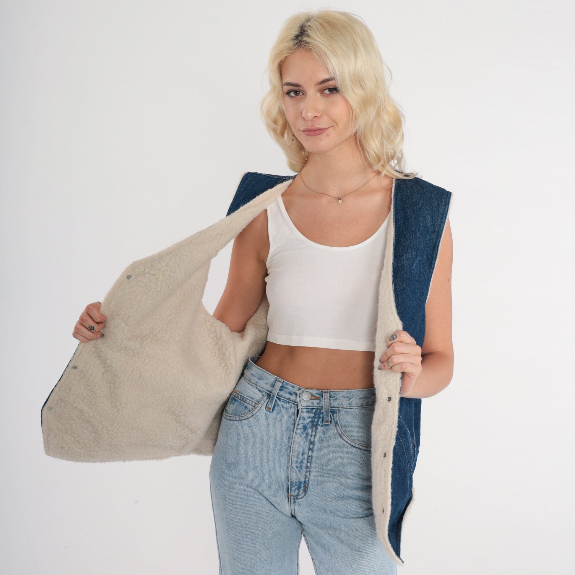 80s Osh Kosh B'Gosh Denim Vest Faux Sherpa Lining Blue Button-Up Large L