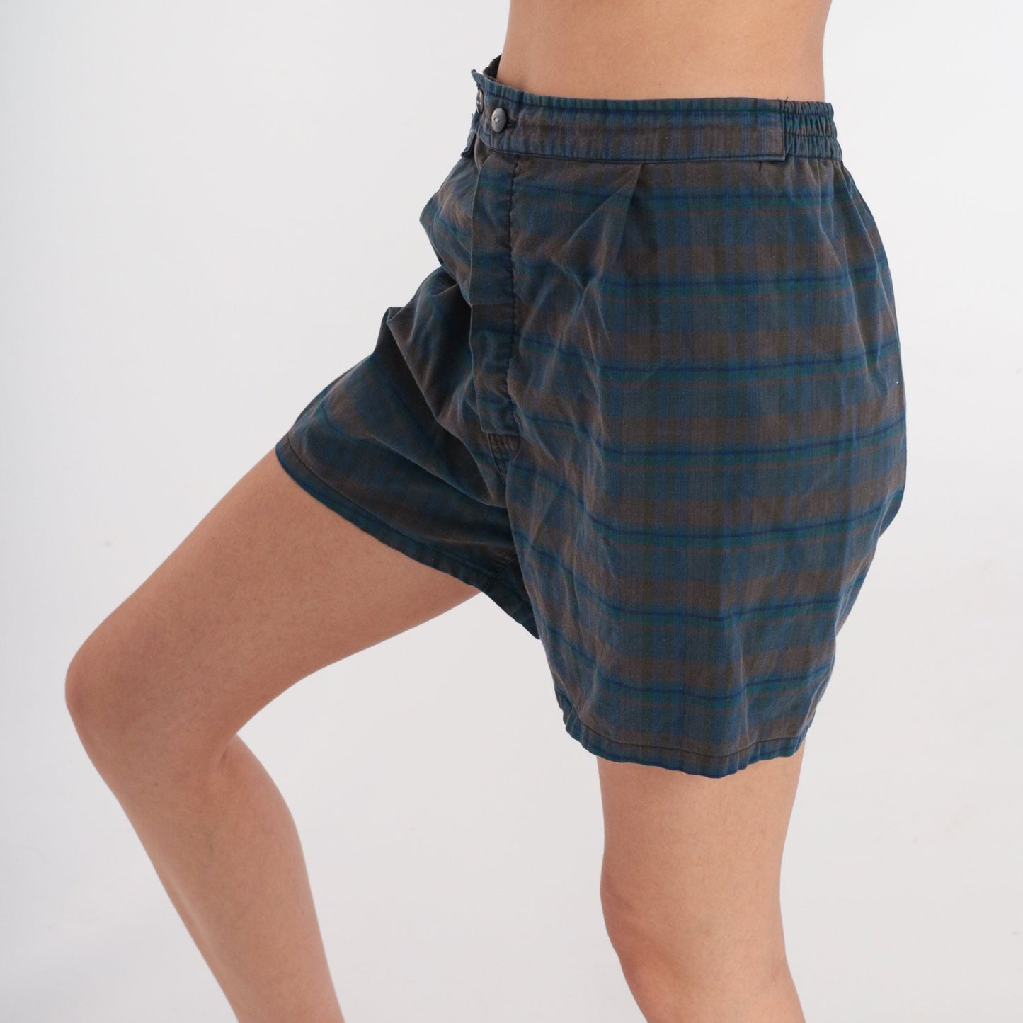 70s Plaid Swim Shorts Dark Blue Brown Checkered Elastic Waist Small