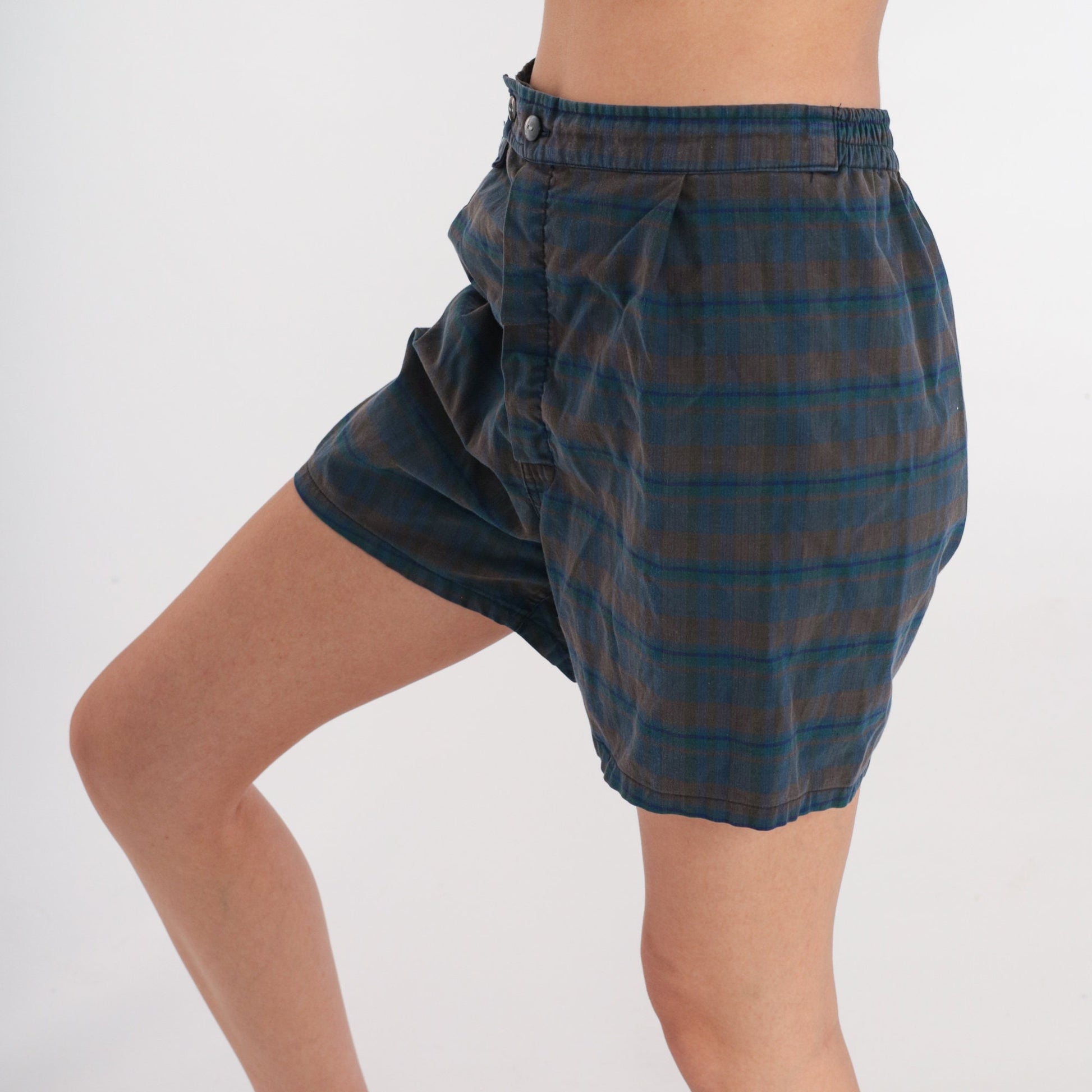 70s Plaid Swim Shorts Dark Blue Brown Checkered Elastic Waist Small