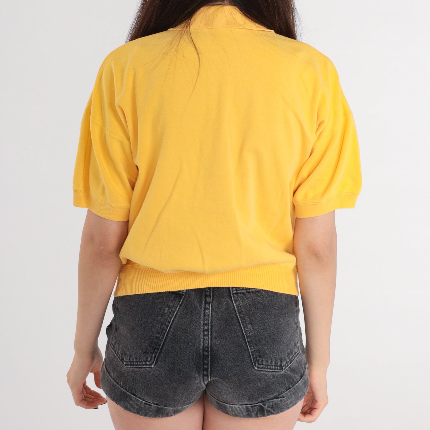 80s Yellow Polo Shirt Cotton Blend Chest Pocket Short Sleeve Medium