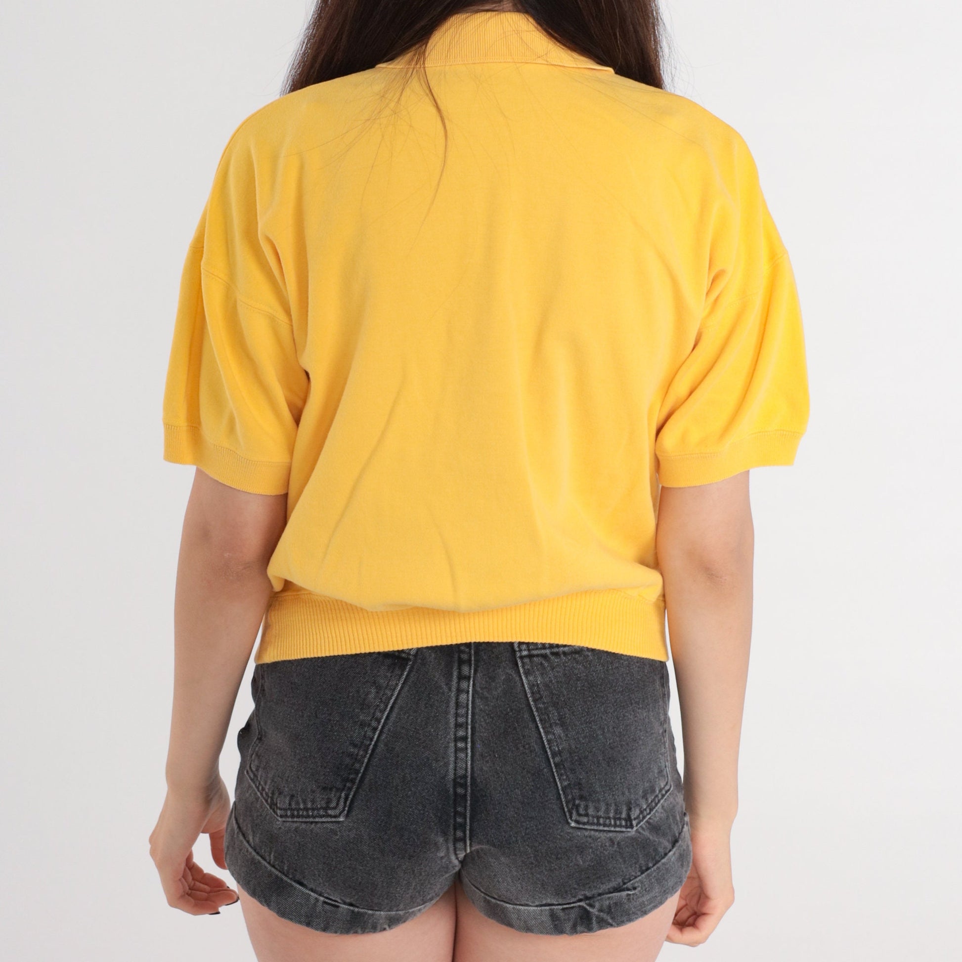 80s Yellow Polo Shirt Cotton Blend Chest Pocket Short Sleeve Medium