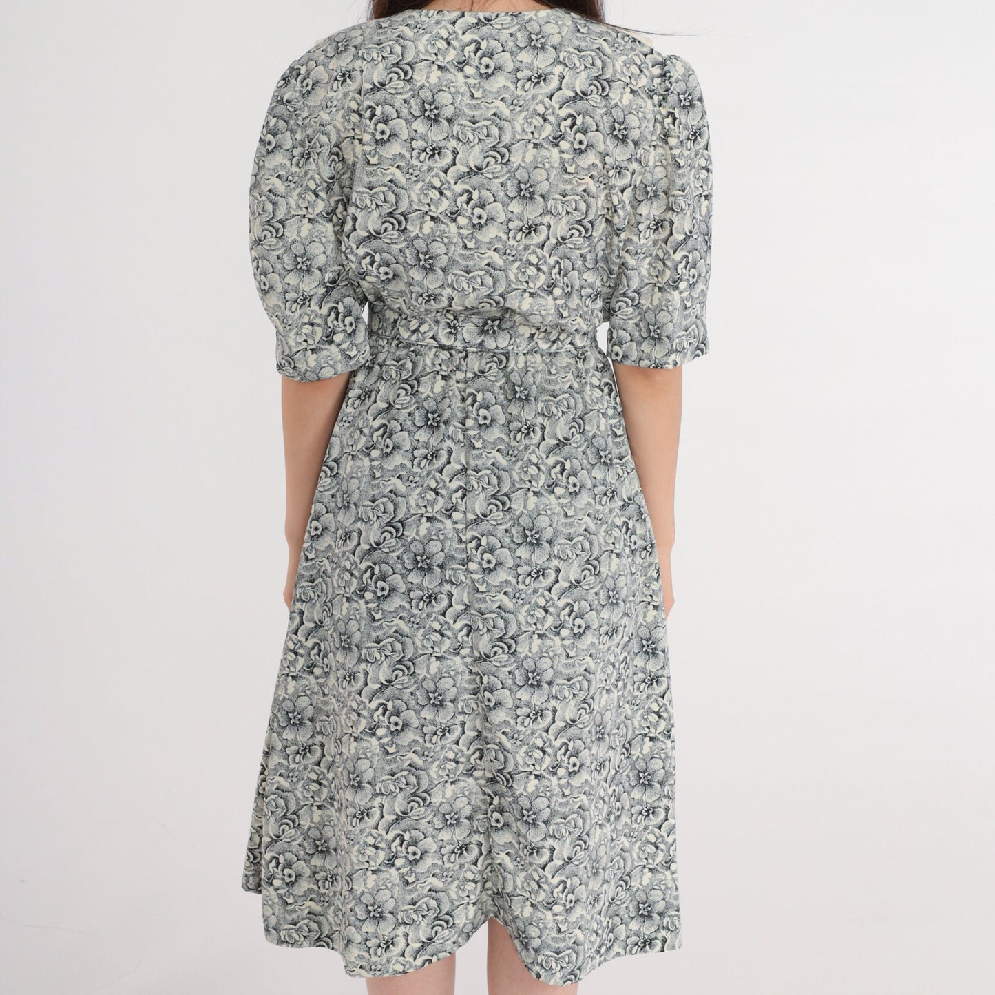 80s Black White Floral Embroidered Collar Puff Sleeve Mini Dress Medium