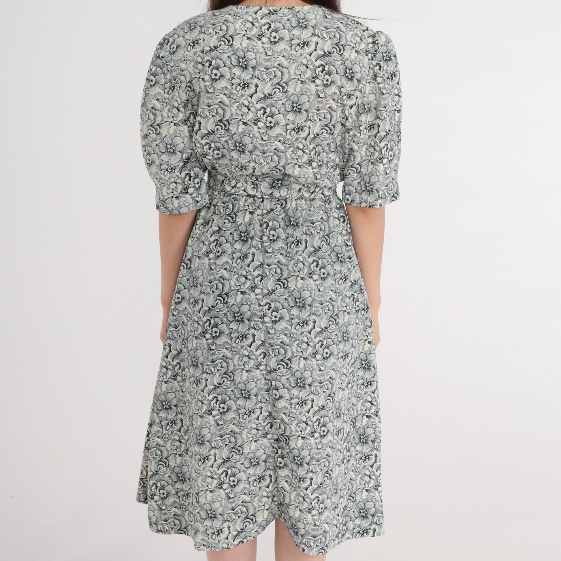 80s Black White Floral Embroidered Collar Puff Sleeve Mini Dress Medium