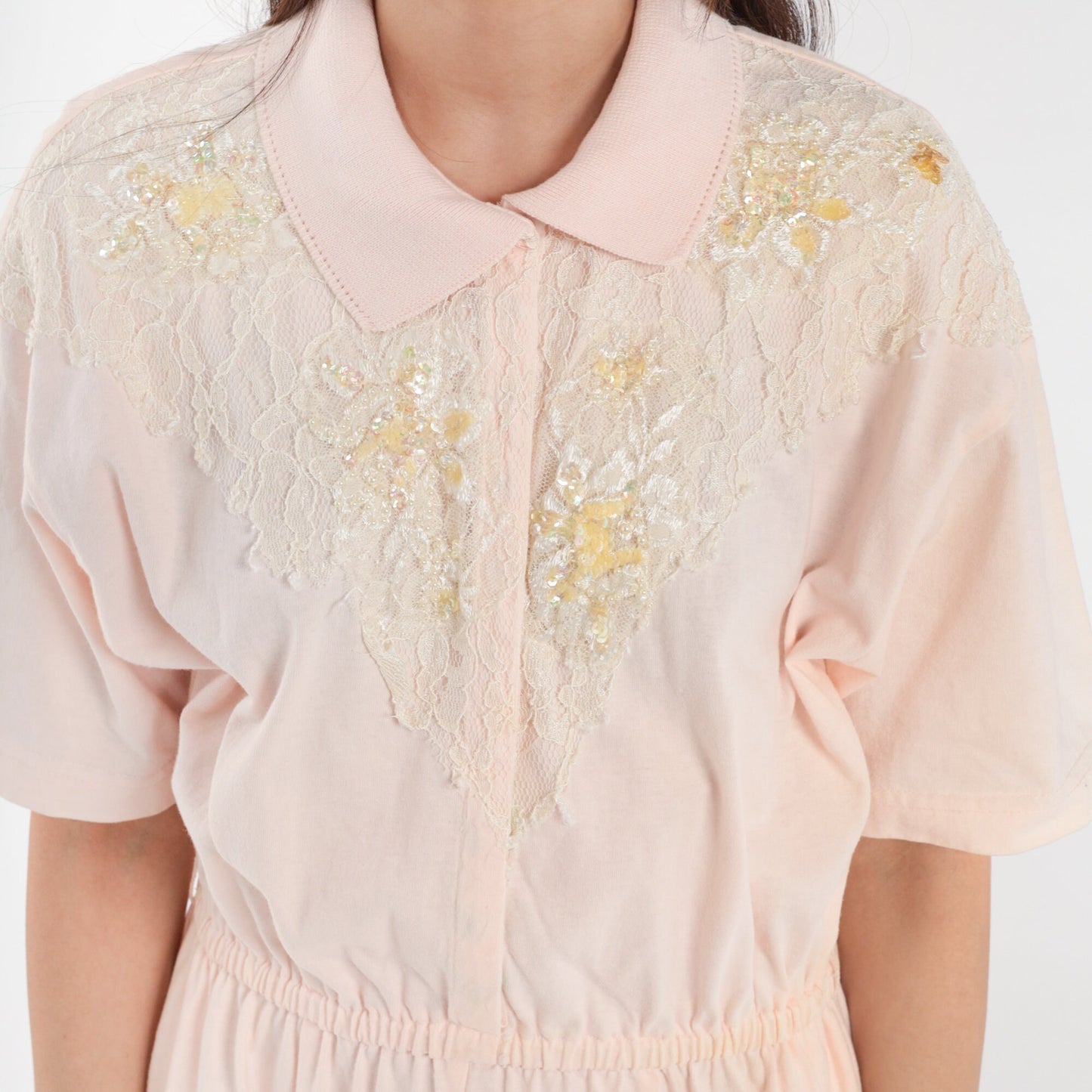 80s Derek Michael Baby Pink Cotton Romper Sequin Lace Yoke Small