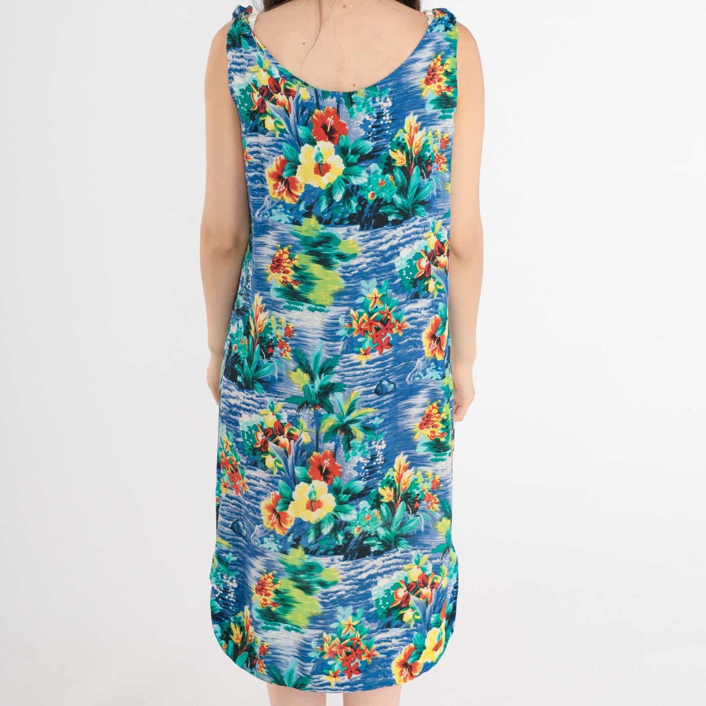 90s Hawaiian Tropical Floral Shift Dress Sleeveless Midi Blue Rayon Small