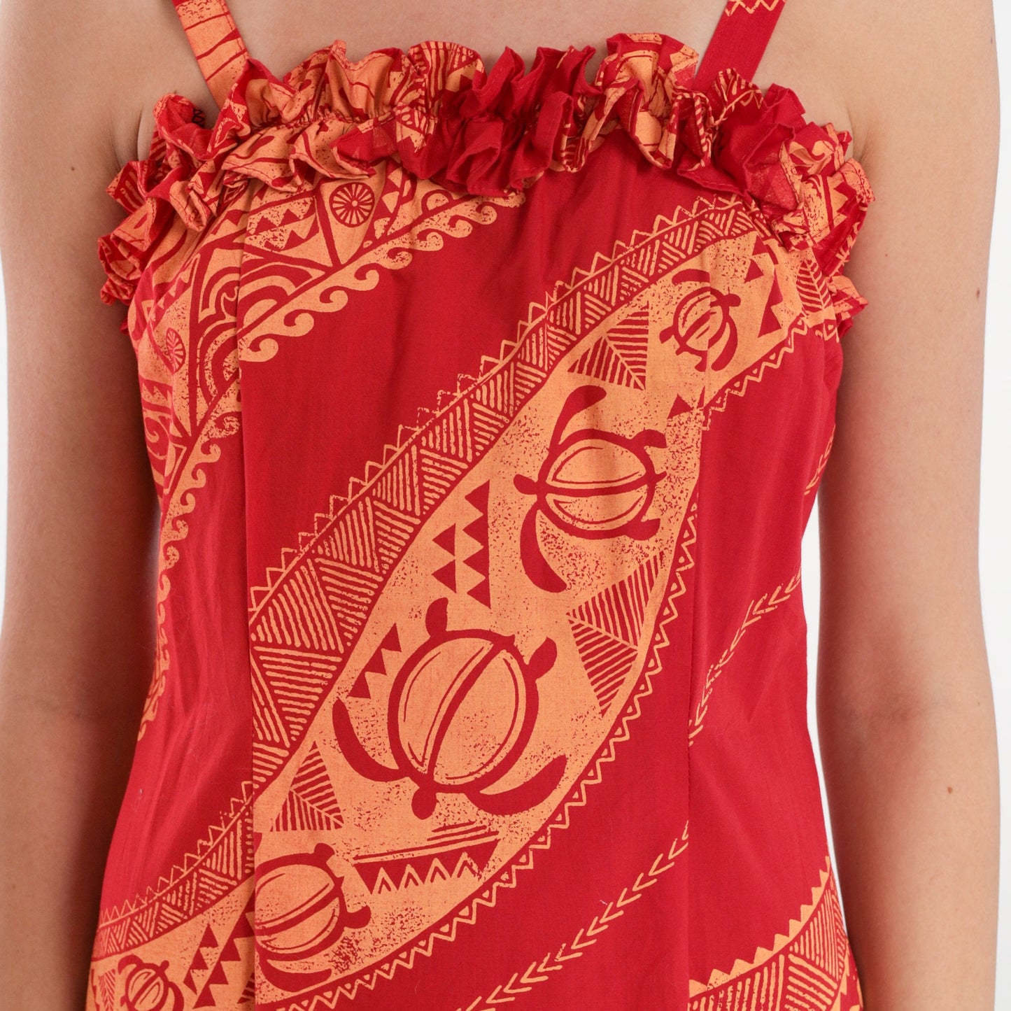 90s Hawaiian Sun Dress Maxi Sea Turtle Print Red Tropical Sundress XS