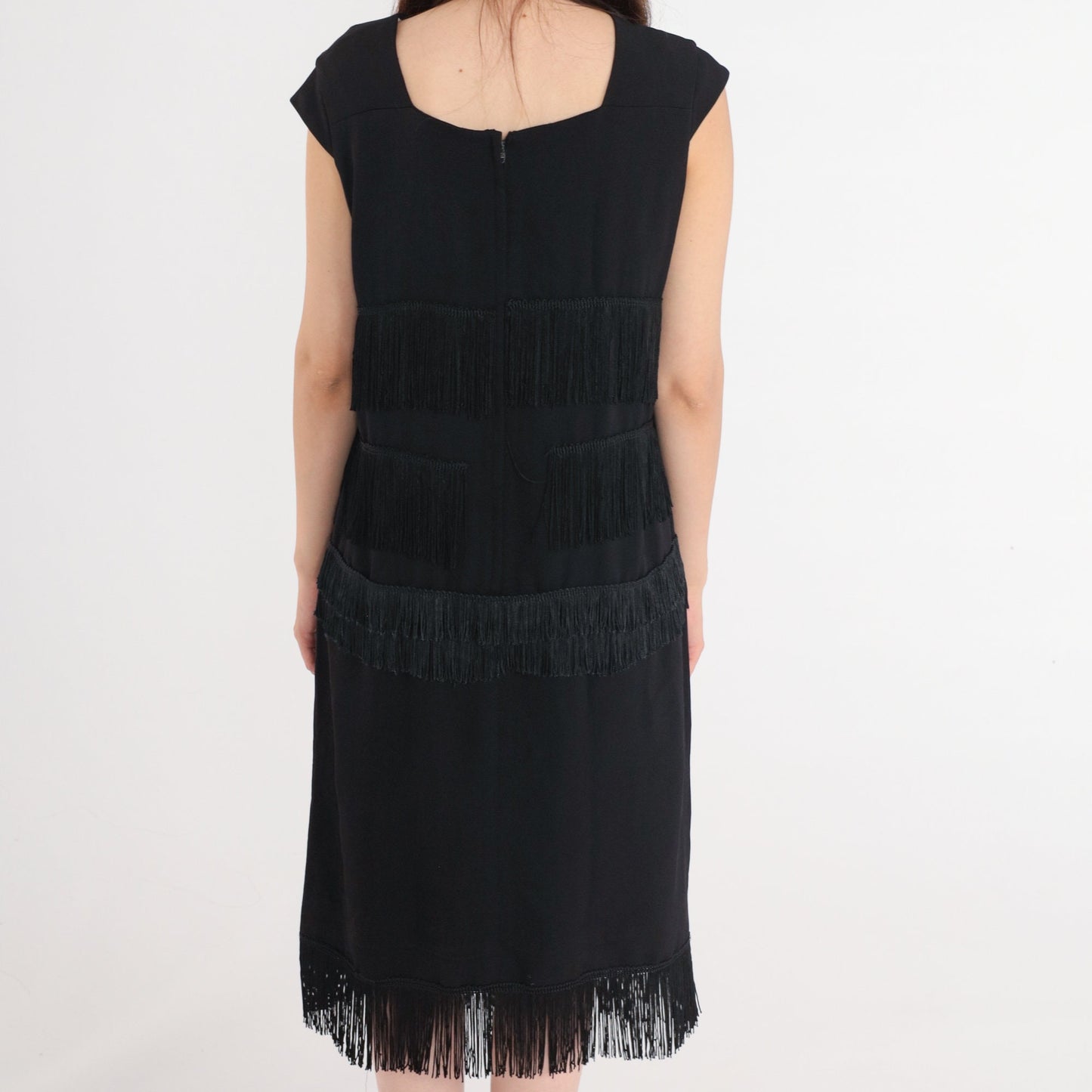 60s Black Fringe Shift Dress Cap Sleeve Cocktail Midi Medium