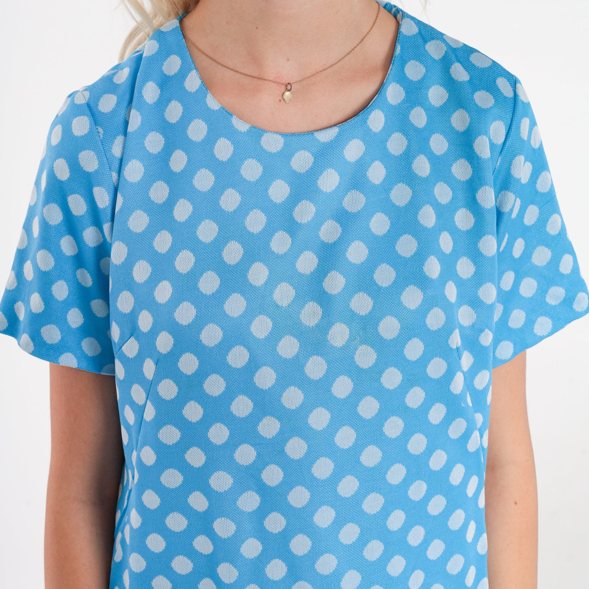 60s Blue Polka Dot Shift Dress Mini Mod Space Age Short Sleeve Small S