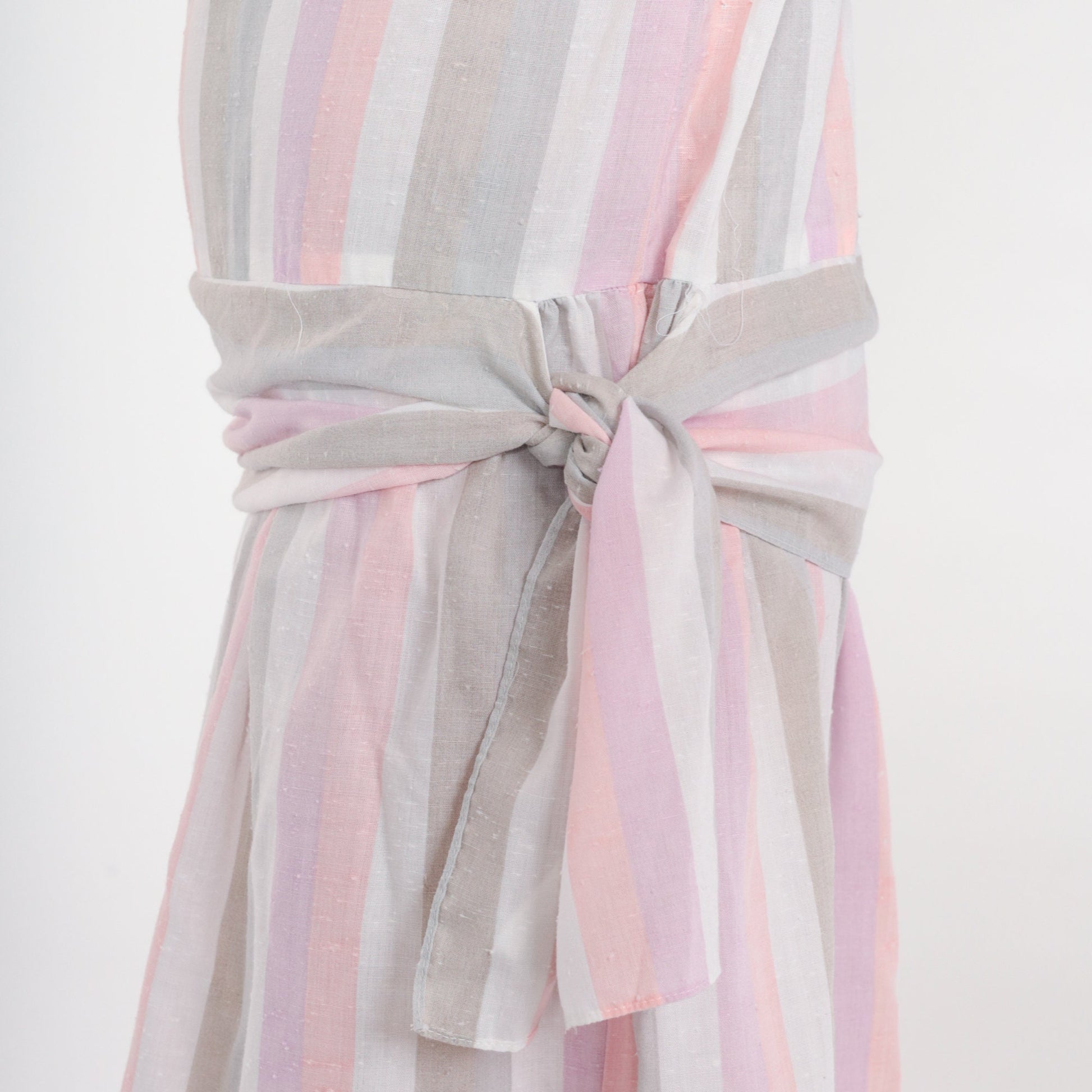 80s Striped Mini Dress Puff Sleeve Drop Waist Tie Side Pink Purple Small