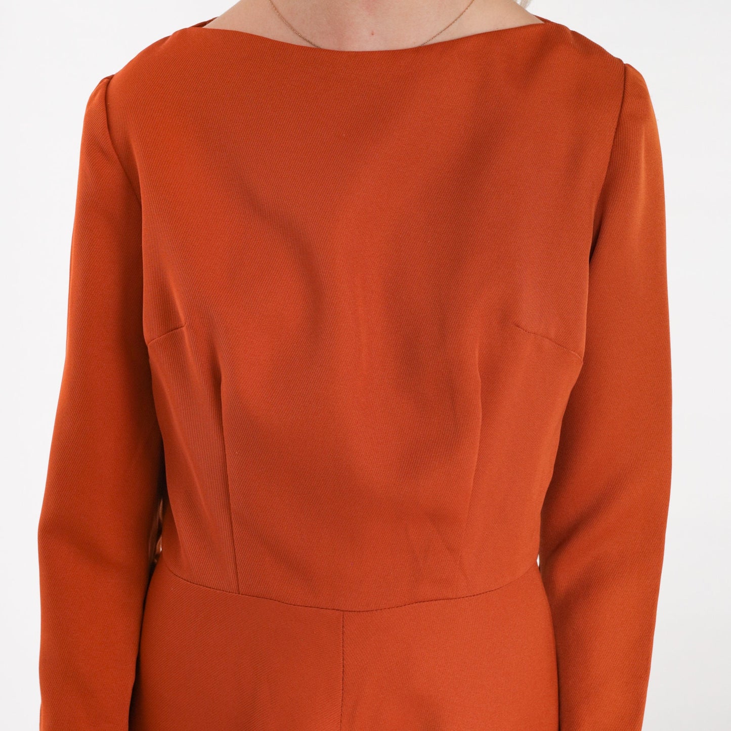 70s Burnt Orange Mini Dress Boat Neck Long Sleeve Flared Small