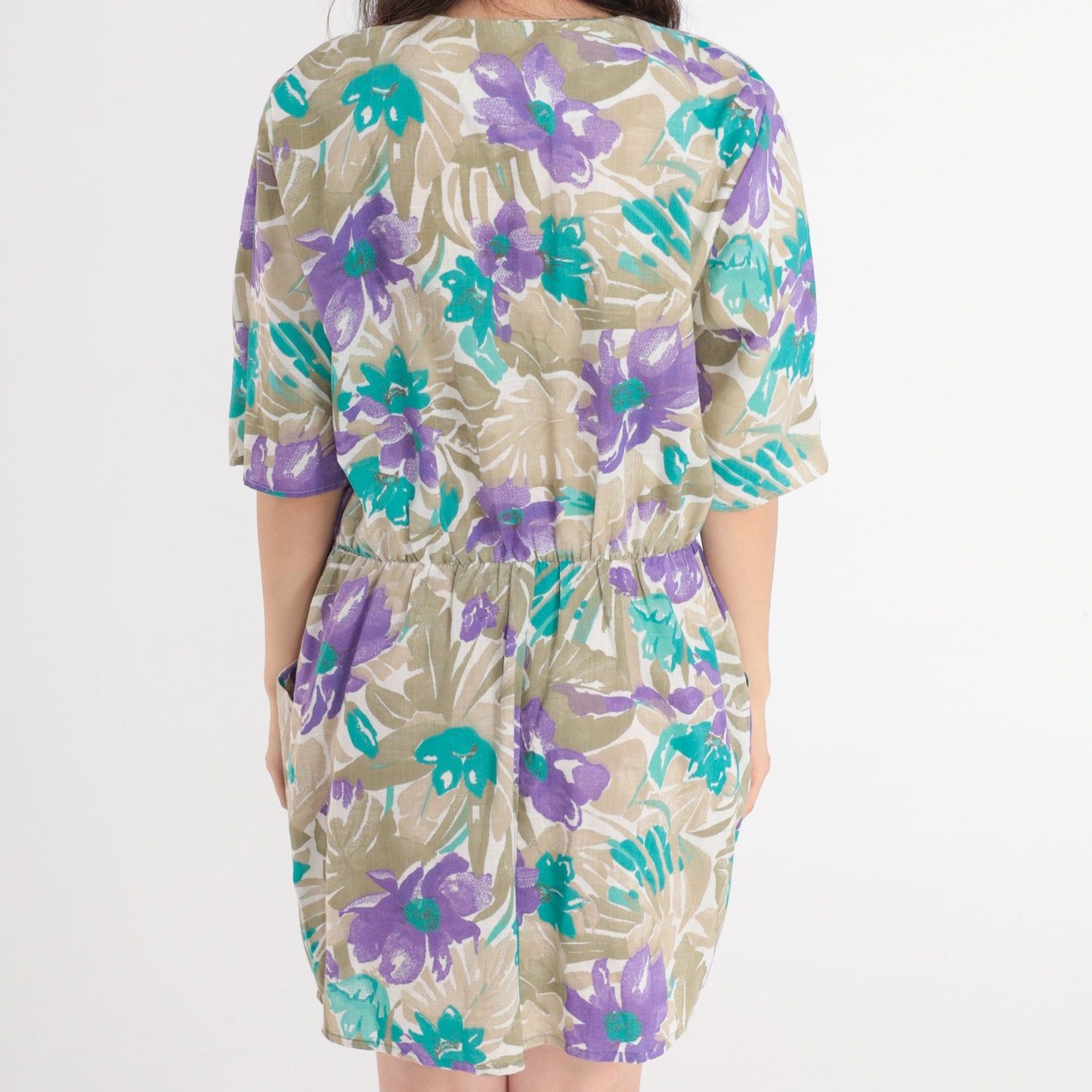 80s Floral Mini Dress Button Front Pleated Pockets Khaki Purple Large
