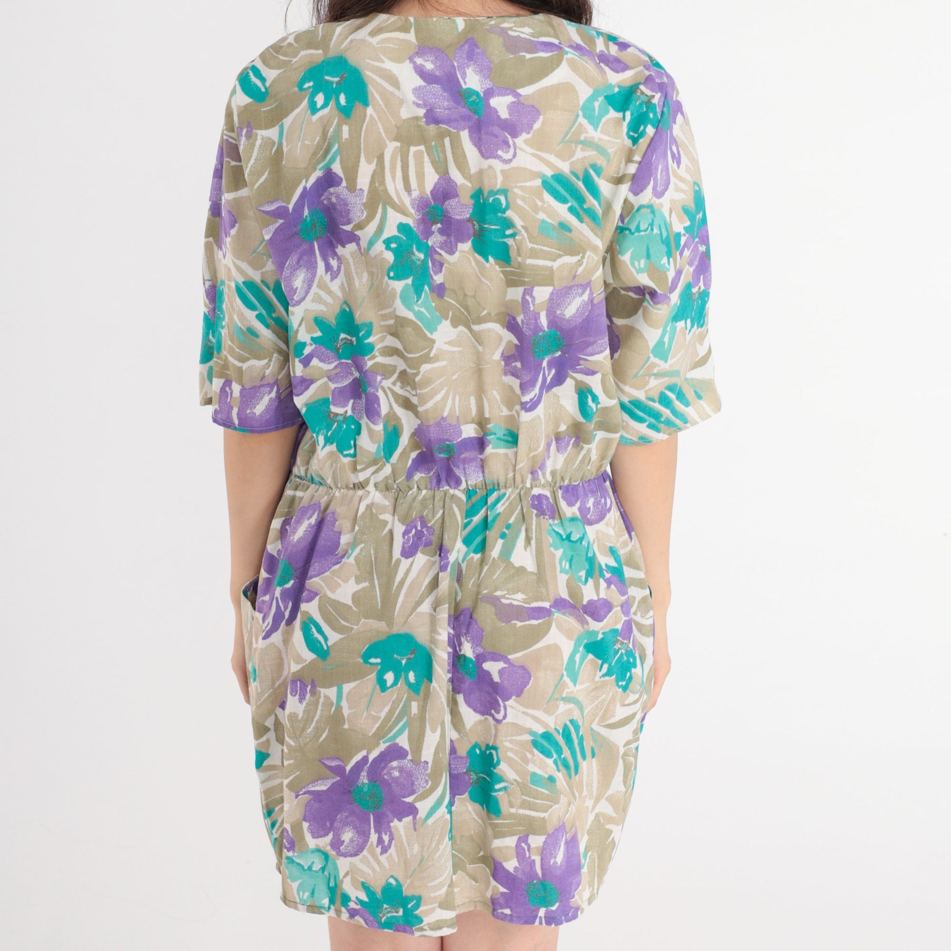 80s Floral Mini Dress Button Front Pleated Pockets Khaki Purple Large