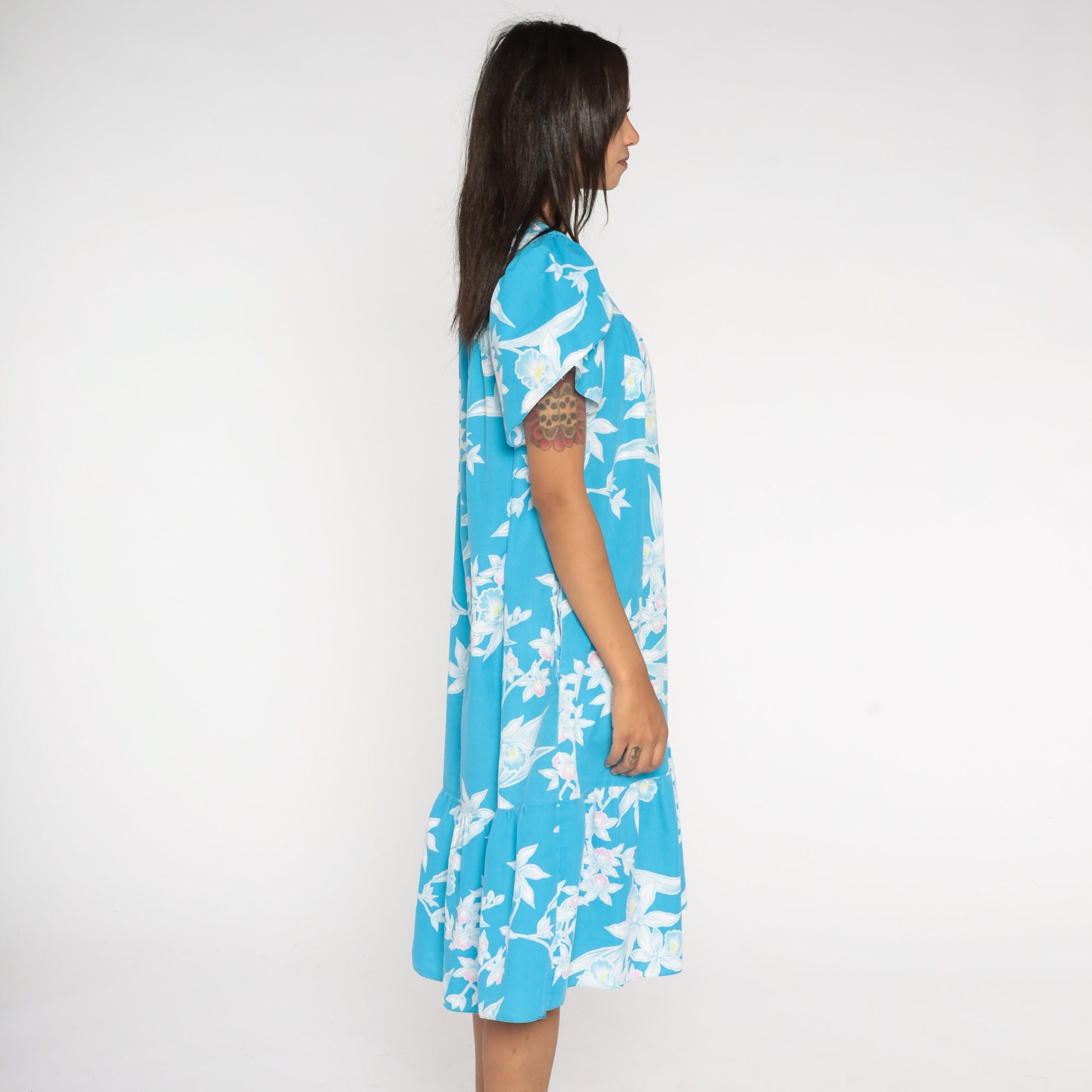 90s Hawaiian Tropical Floral Midi Dress Blue Tent Cut Tulip Sleeve Large