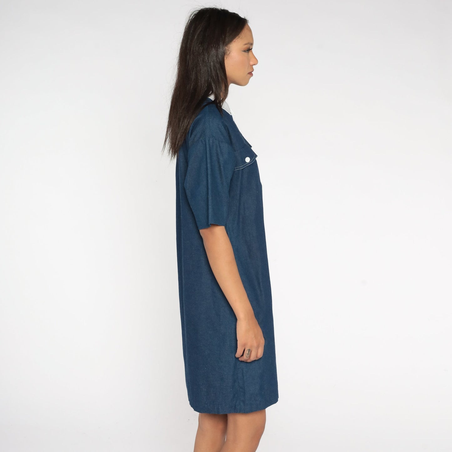 80s Dark Blue Chambray Shift Dress White Collar Front Zip Mini Medium