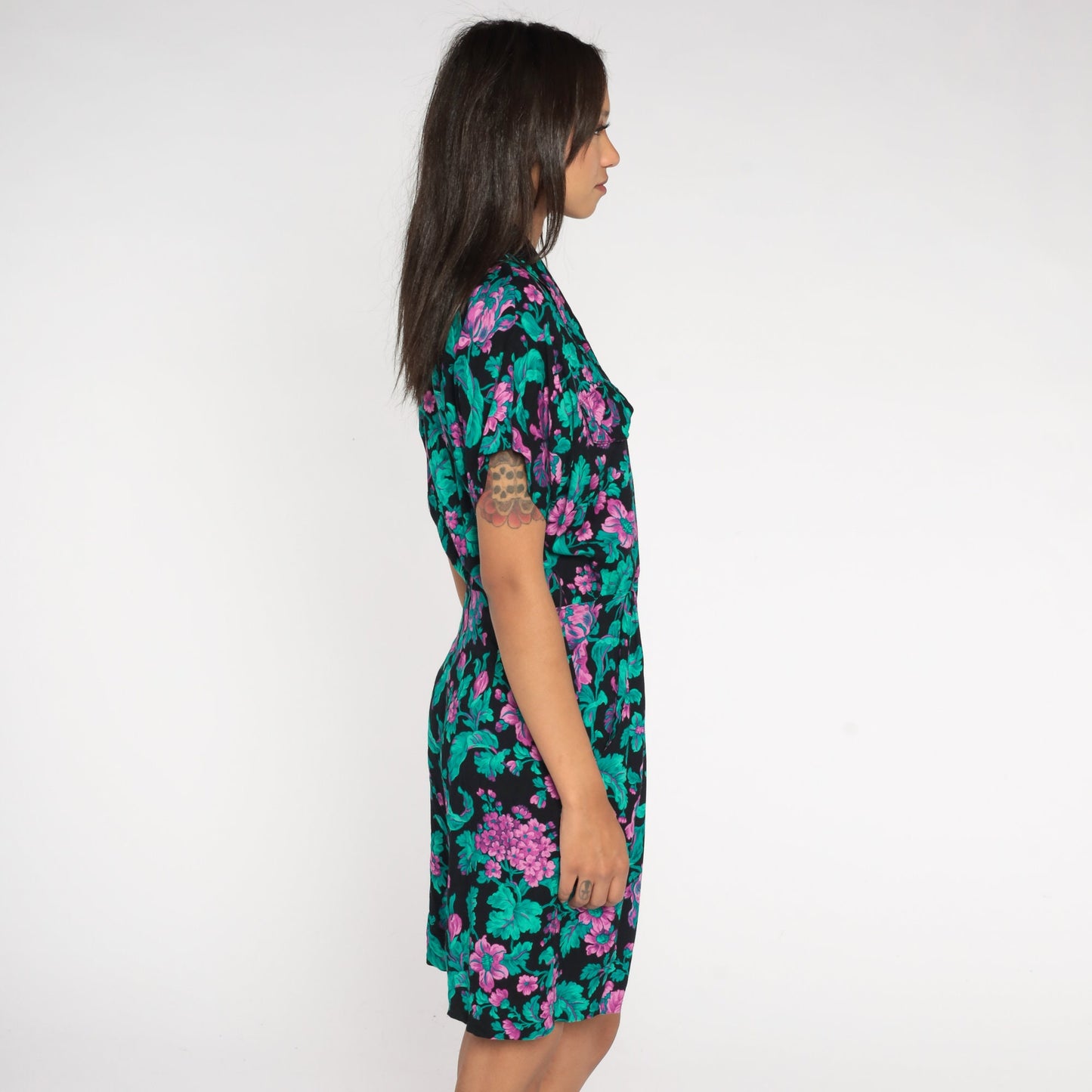 80s Floral Wrap Romper High Waist Wide Leg Black Green Purple Medium