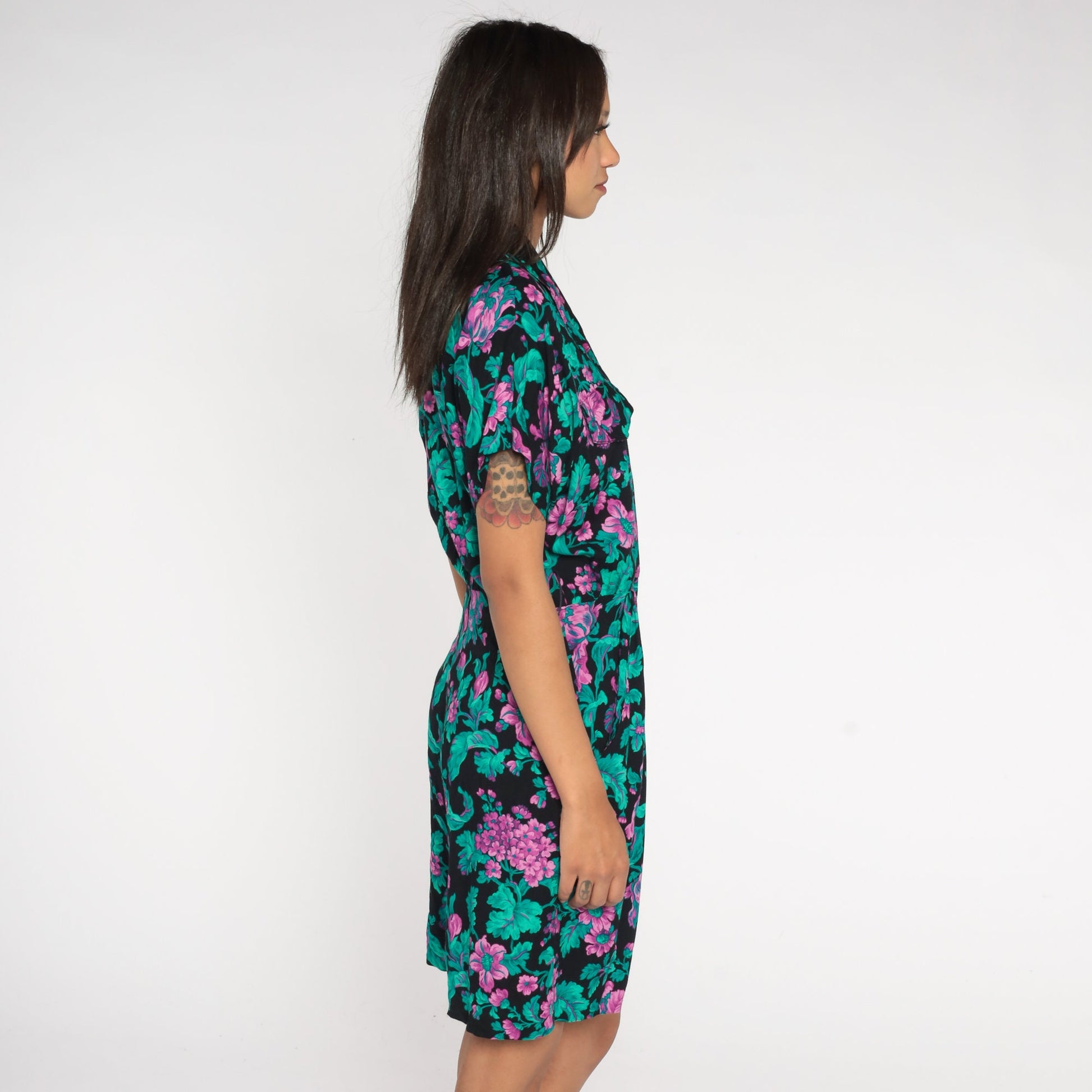 80s Floral Wrap Romper High Waist Wide Leg Black Green Purple Medium