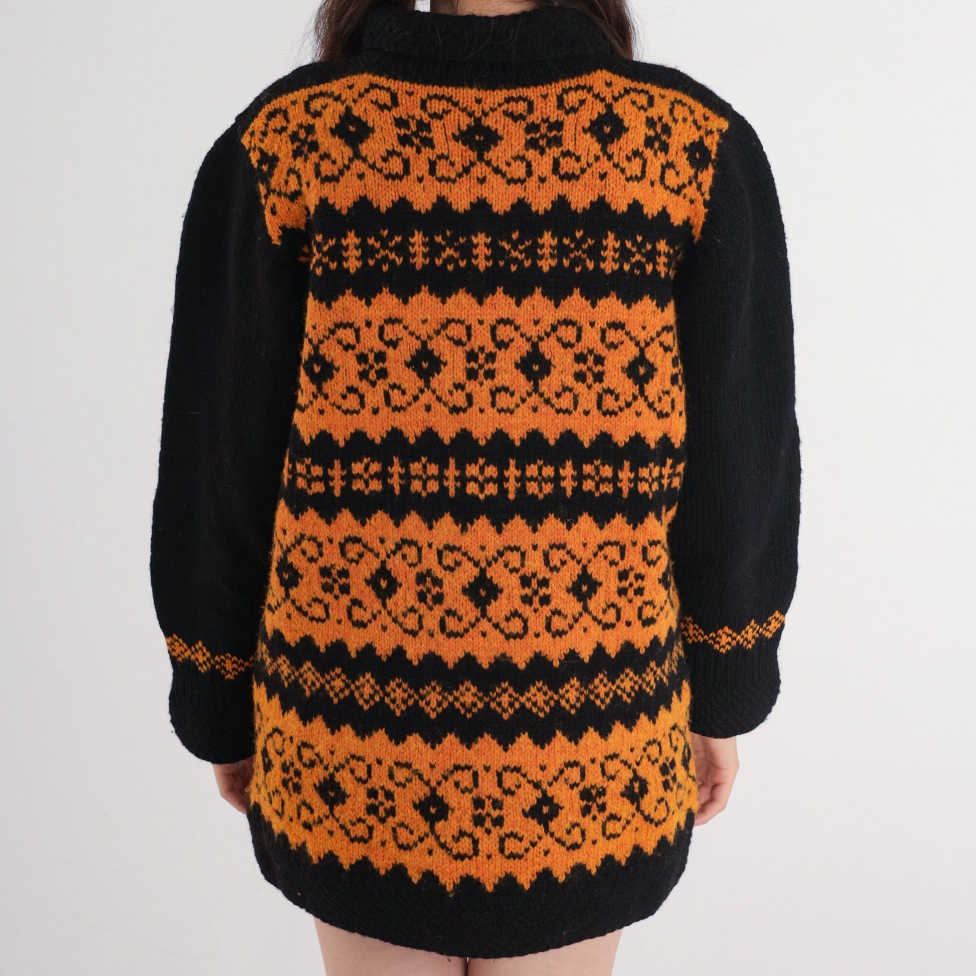 80s Fair Isle Sweater Orange Black Mock Neck Nordic Knit Medium Large