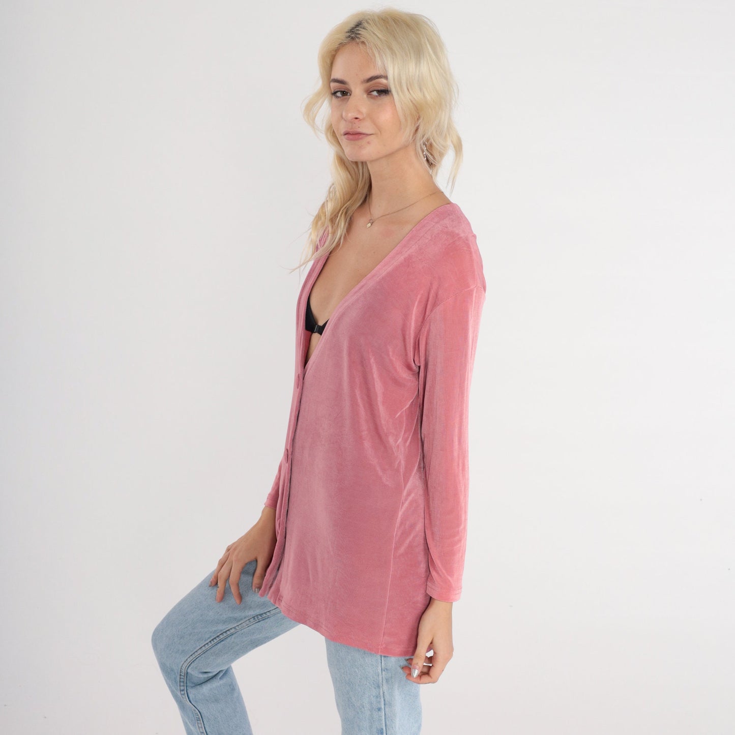 90s Dusty Pink Cardigan Sweater Button-Up Deep V-Neck Small