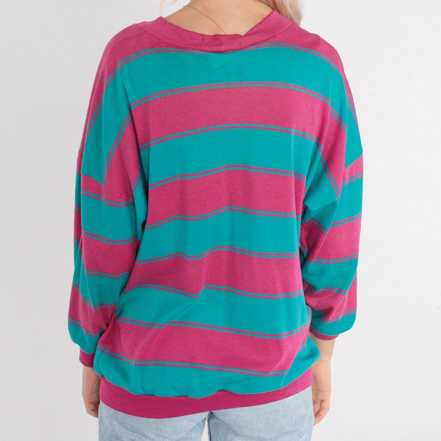 90s Striped Cardigan Sweatshirt Pink Turquoise Button-Up Large L