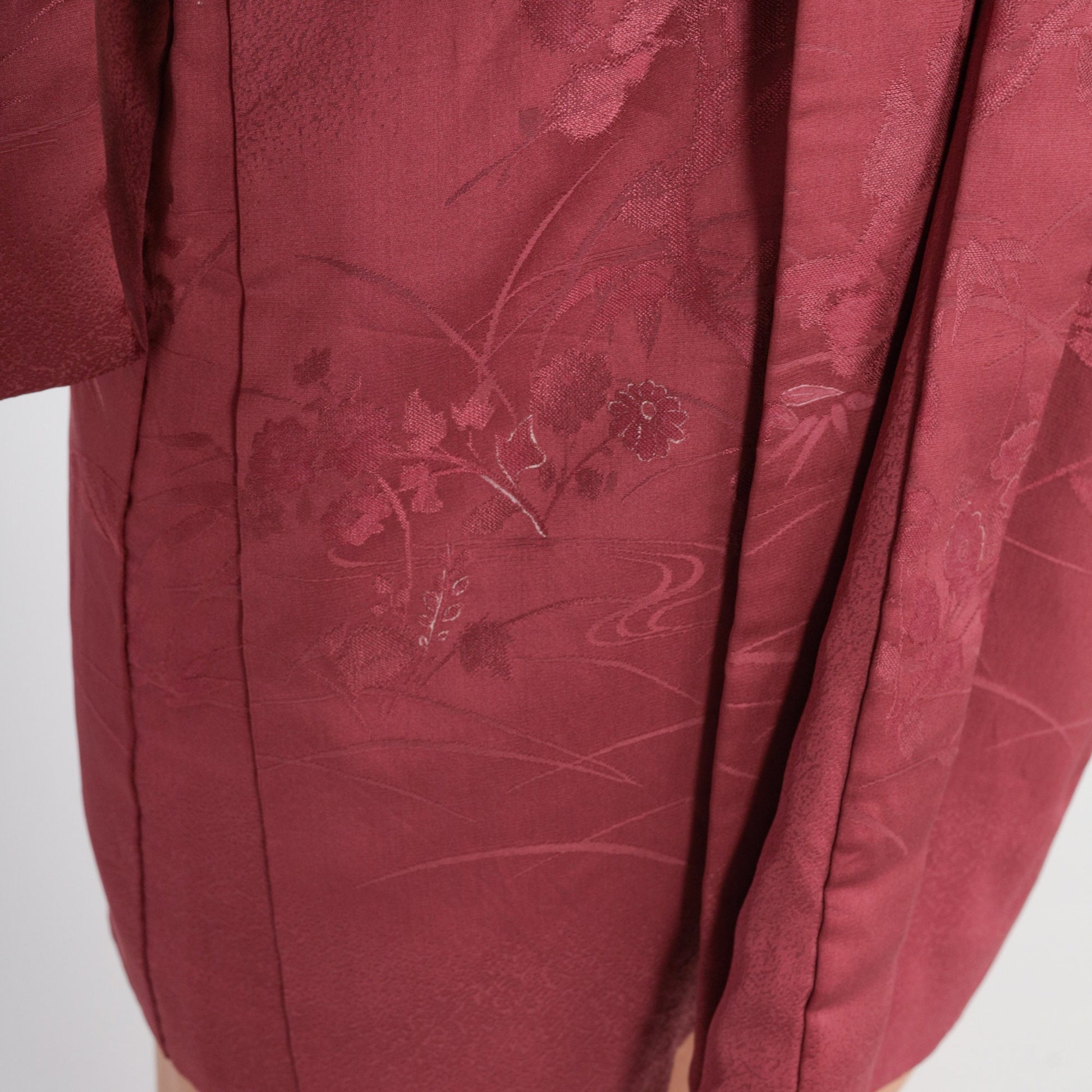 70s Berry Silk Kimono Jacket Floral Embossed Open Front Small