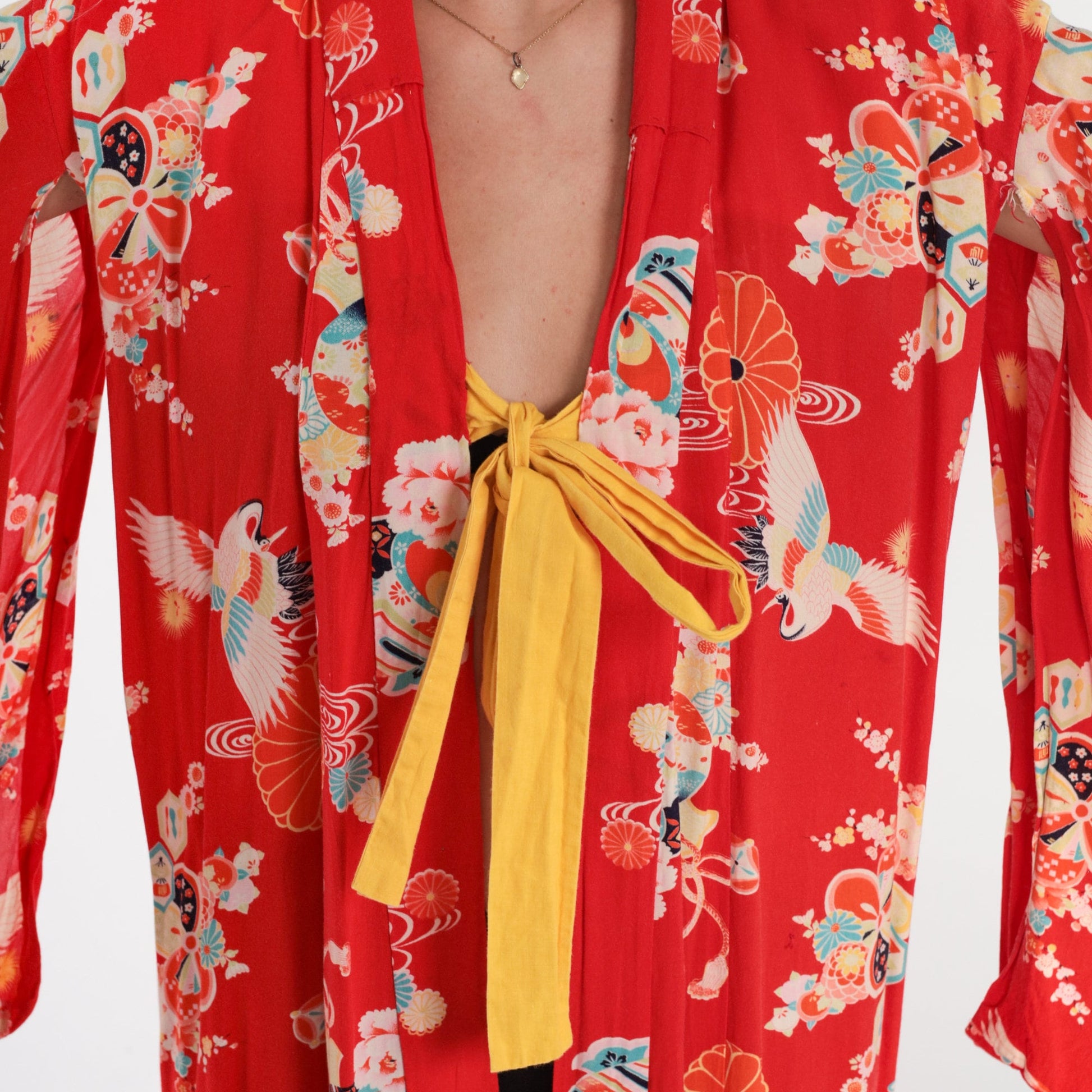 80s Red Floral Kimono Robe Midi Crane Print Tie Front Medium