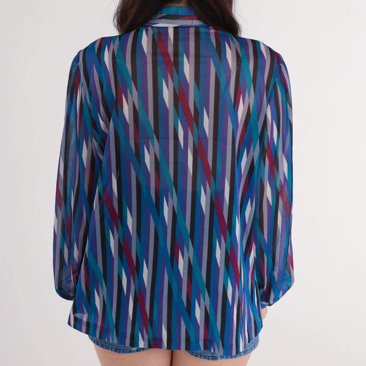 70s Striped Ascot Blouse Purple Blue Necktie Secretary Top Medium
