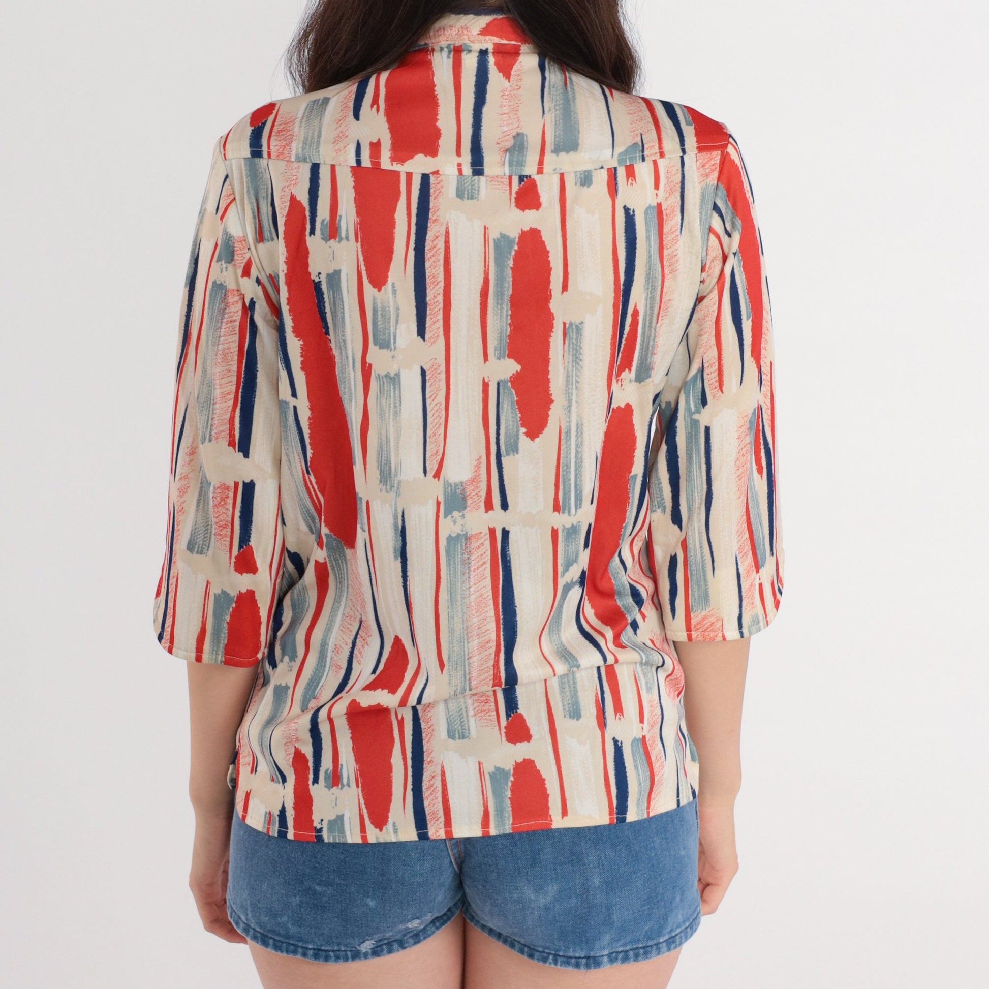 70s Striped Ascot Blouse Orange Beige Brushstroke Long Sleeve Button Up Small
