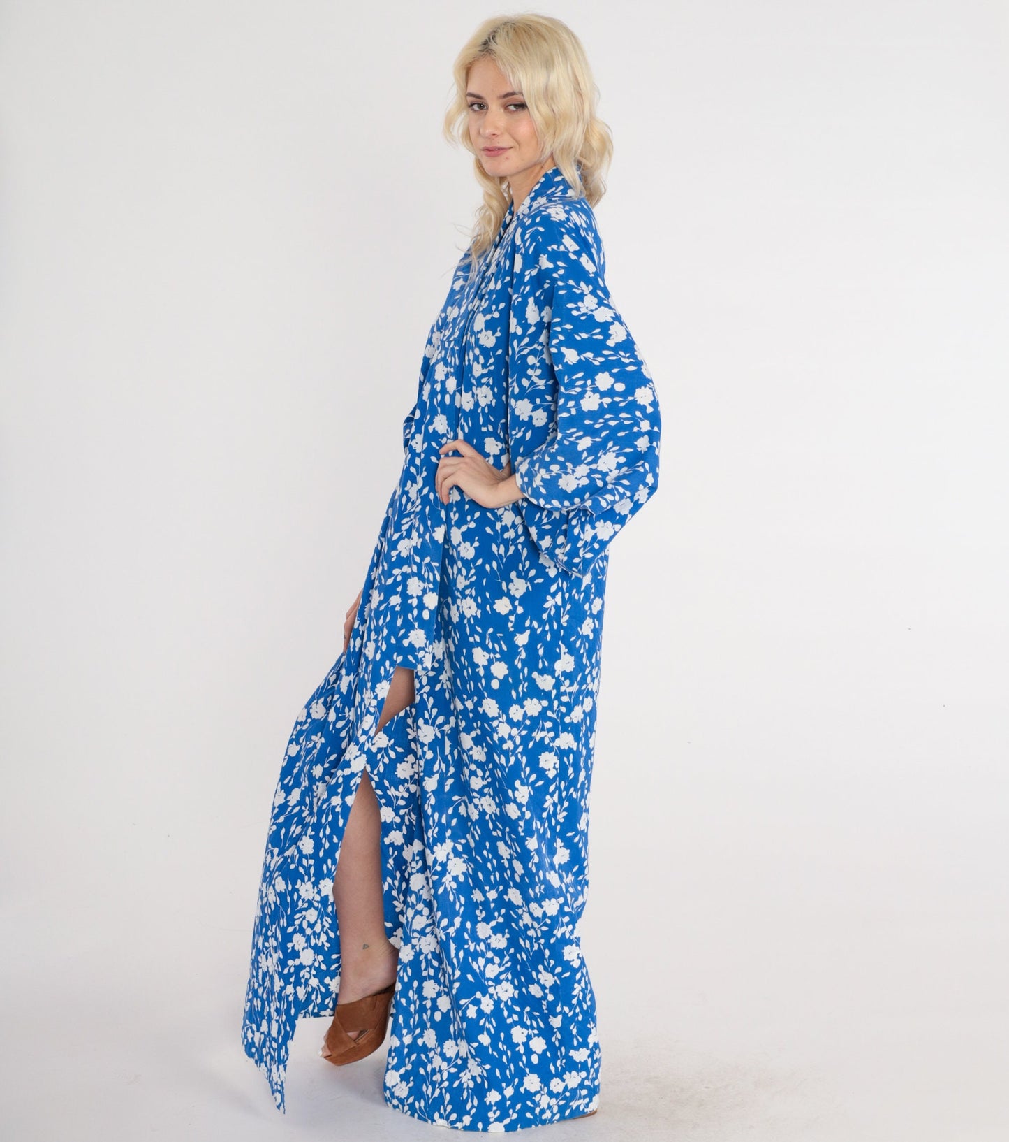 80s Blue Floral Cotton Kimono Robe Maxi Length Open Front Extra Large