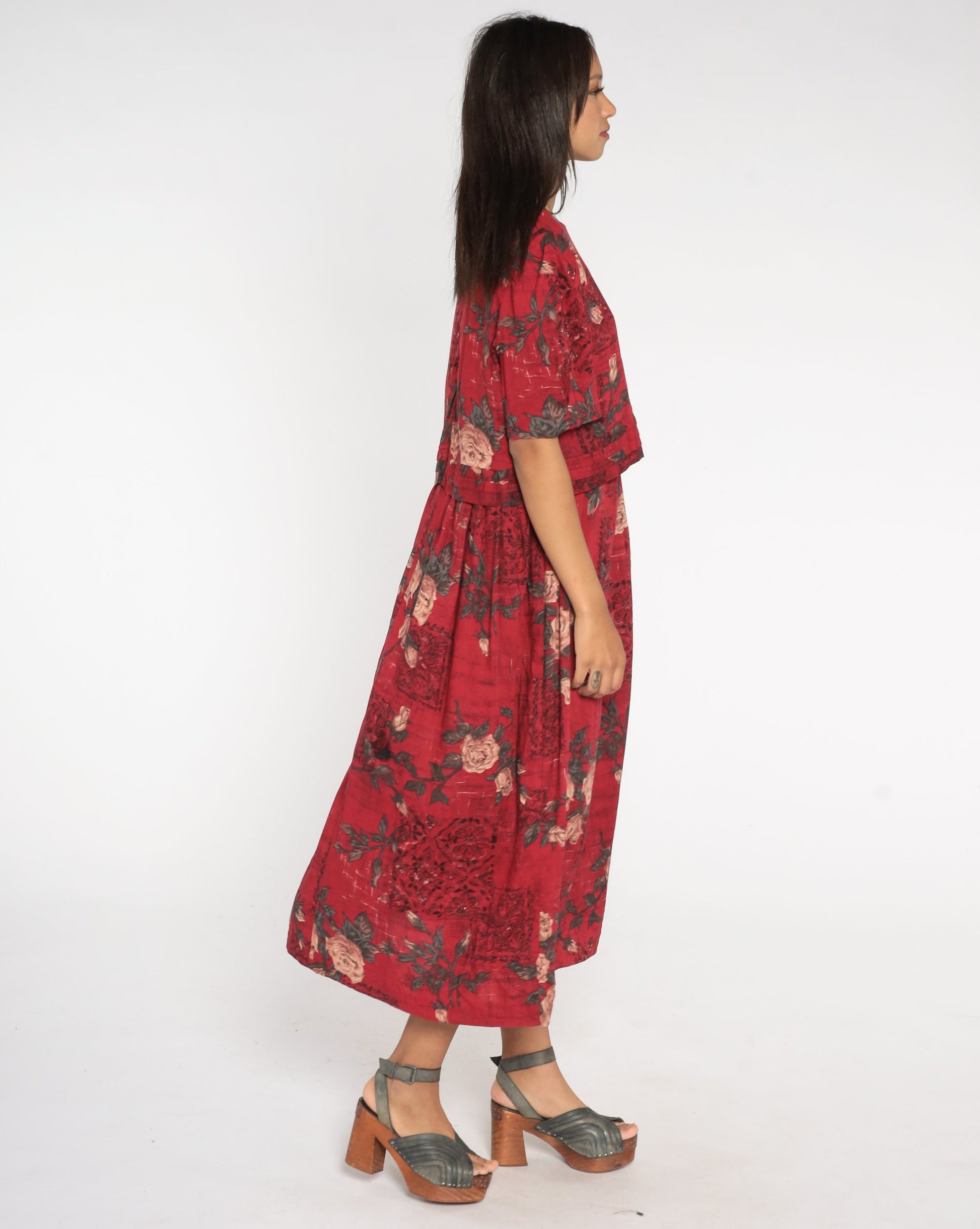90s Dark Red Floral Rayon Maxi Dress Short Sleeve Rose Print Large