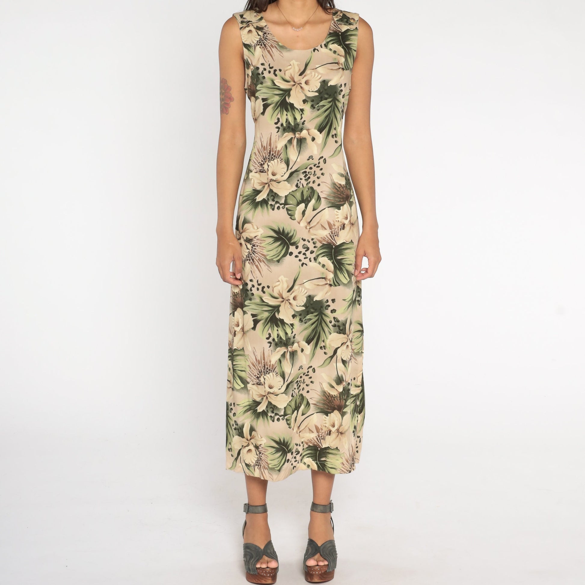 90s Tropical Floral Leopard Print Maxi Dress Taupe Sleeveless Ankle Length Large