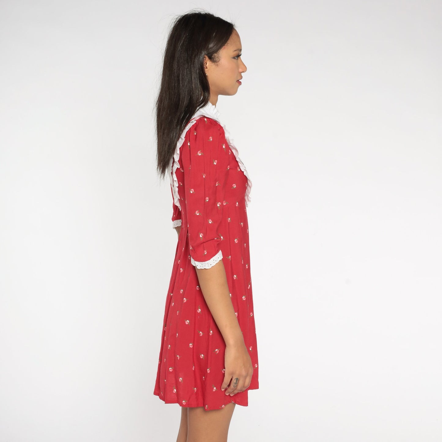 90s Red Floral Mini Dress Eyelet Lace Bib Empire Waist Puff Sleeve Extra Small