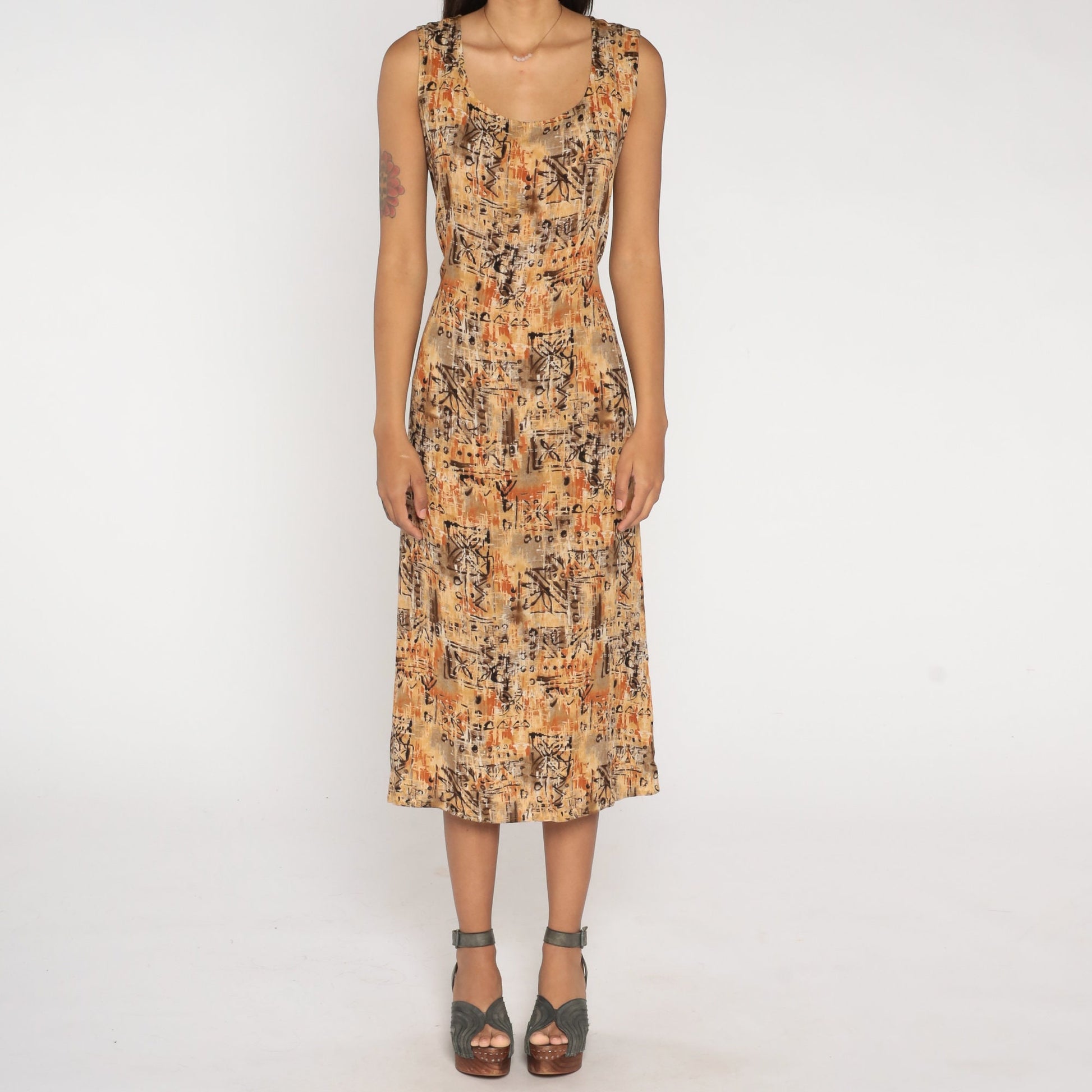 90s Notations Floral Midi Dress Geometric Print Tan Brown Orange Petite Large