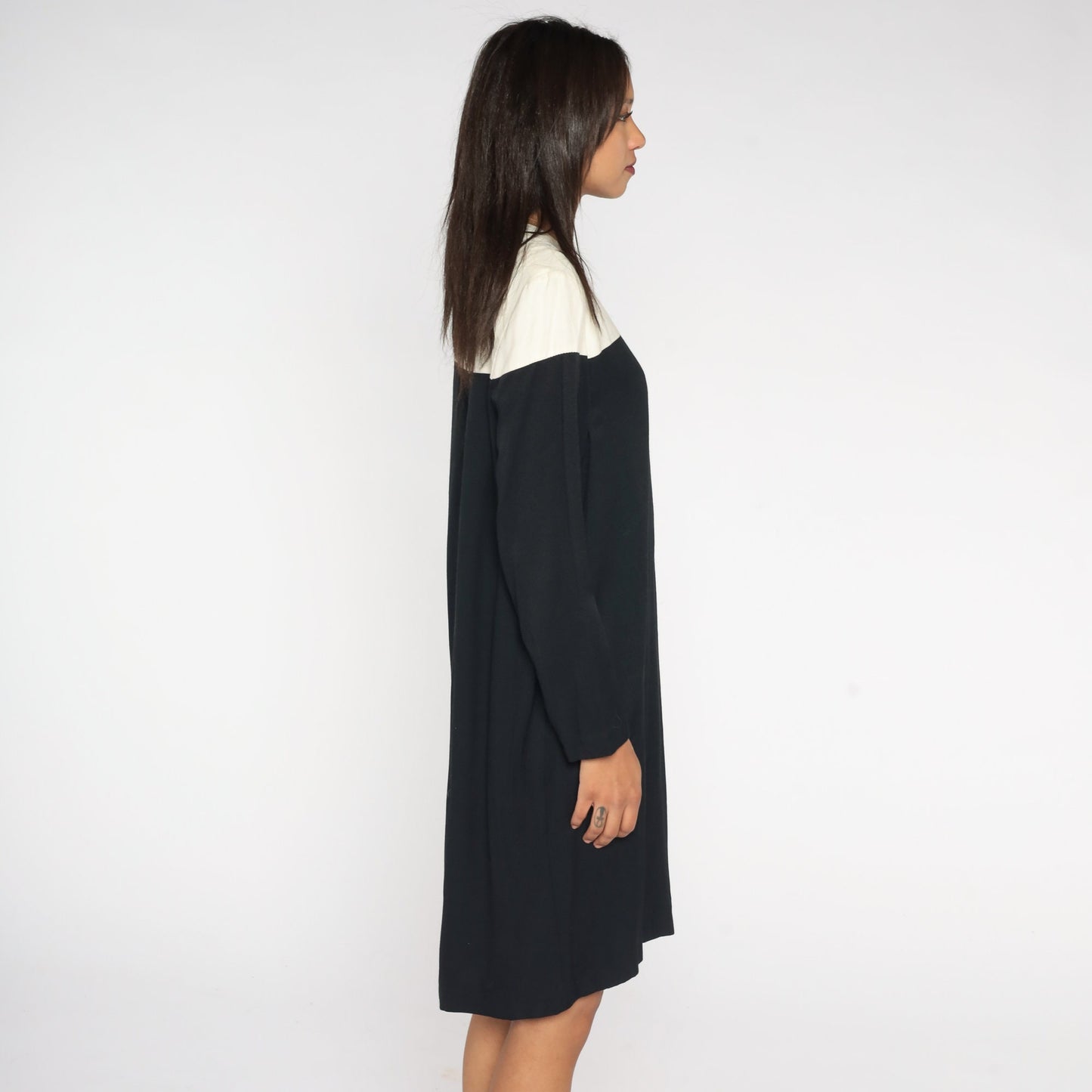 80s Color Block Shift Dress Black White Midi Long Sleeve Medium