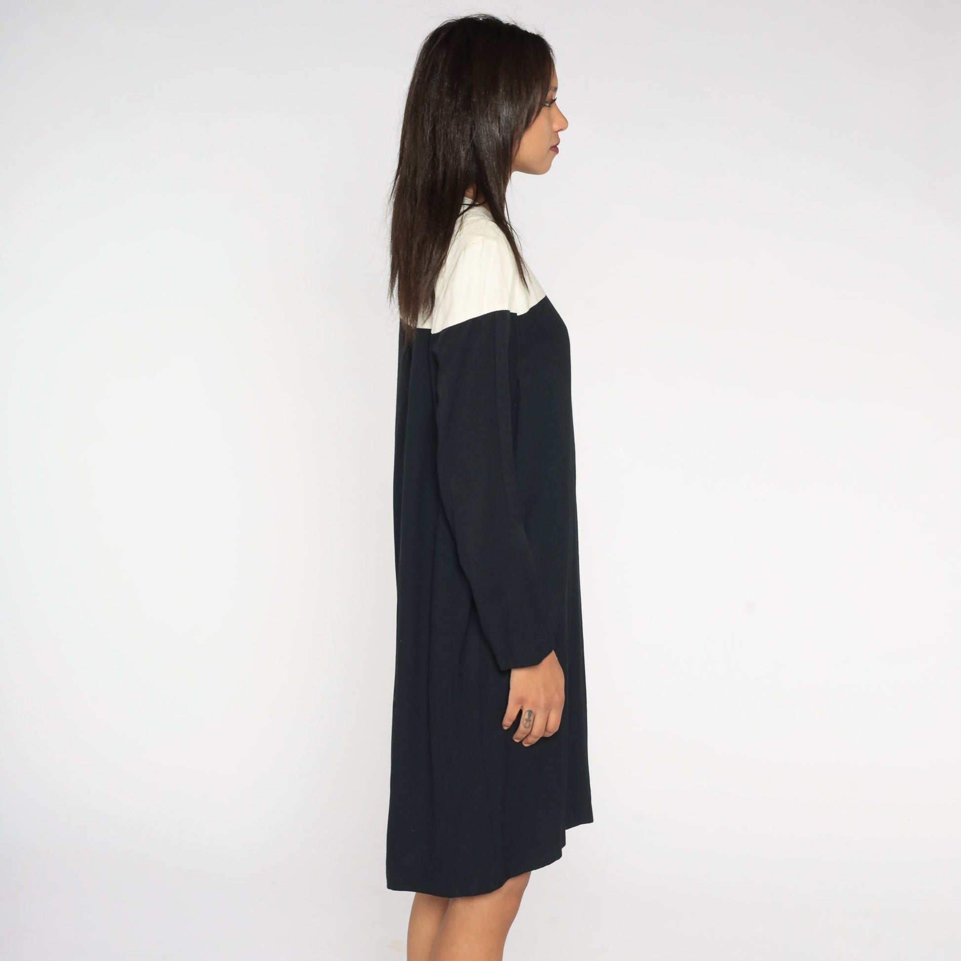 80s Color Block Shift Dress Black White Midi Long Sleeve Medium