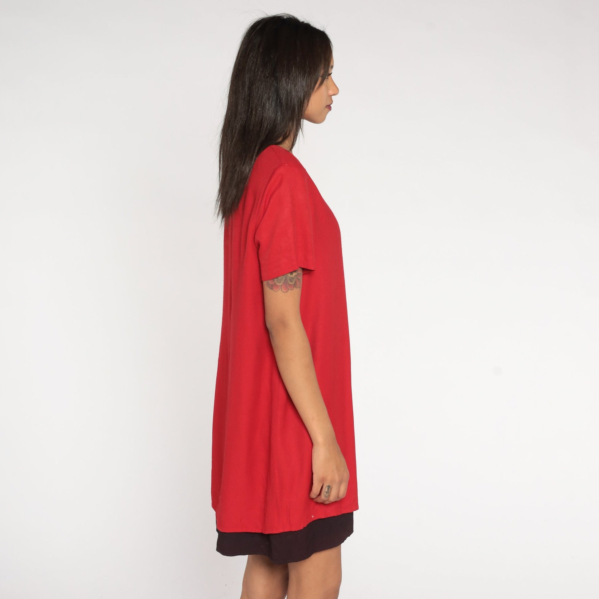 80s Jessica Howard Mini Dress Red Black Layered Button Up Short Sleeve Medium