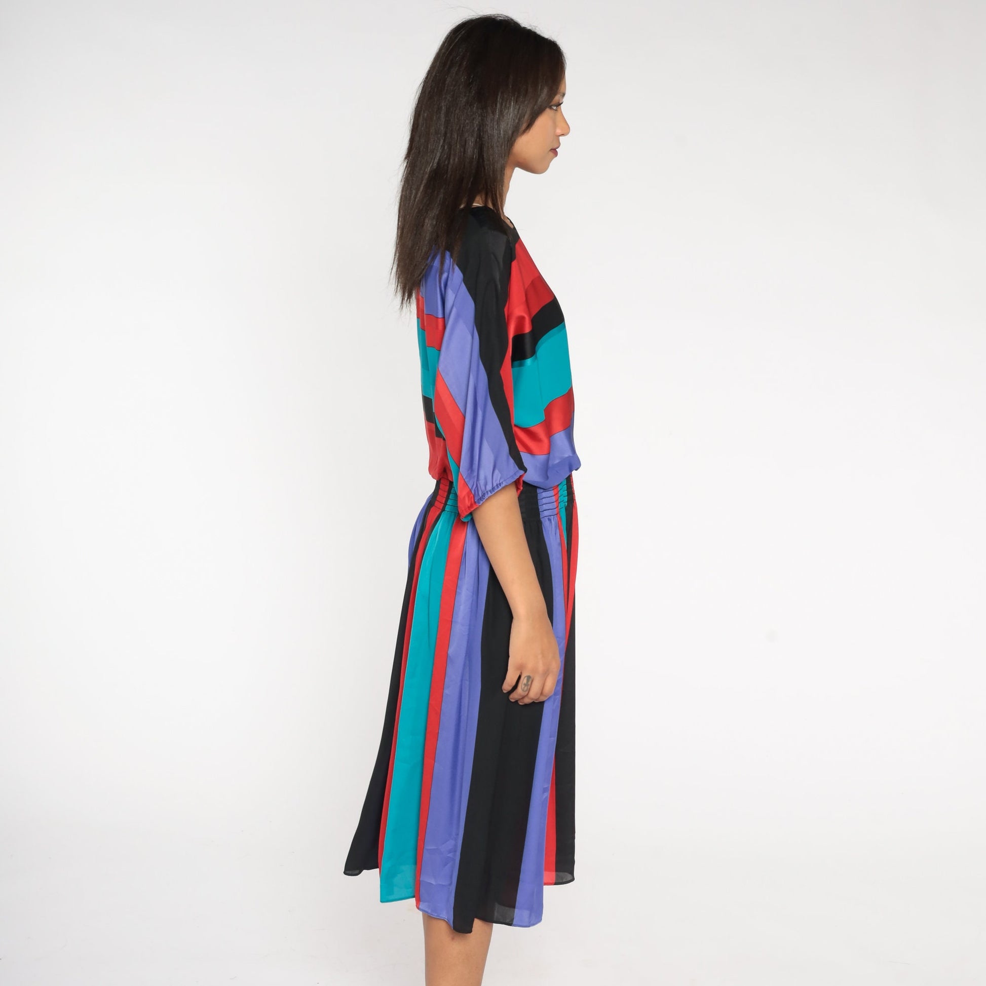 80s Striped Midi Dress Dolman Sleeve High Waist Red Purple Turquoise Medium