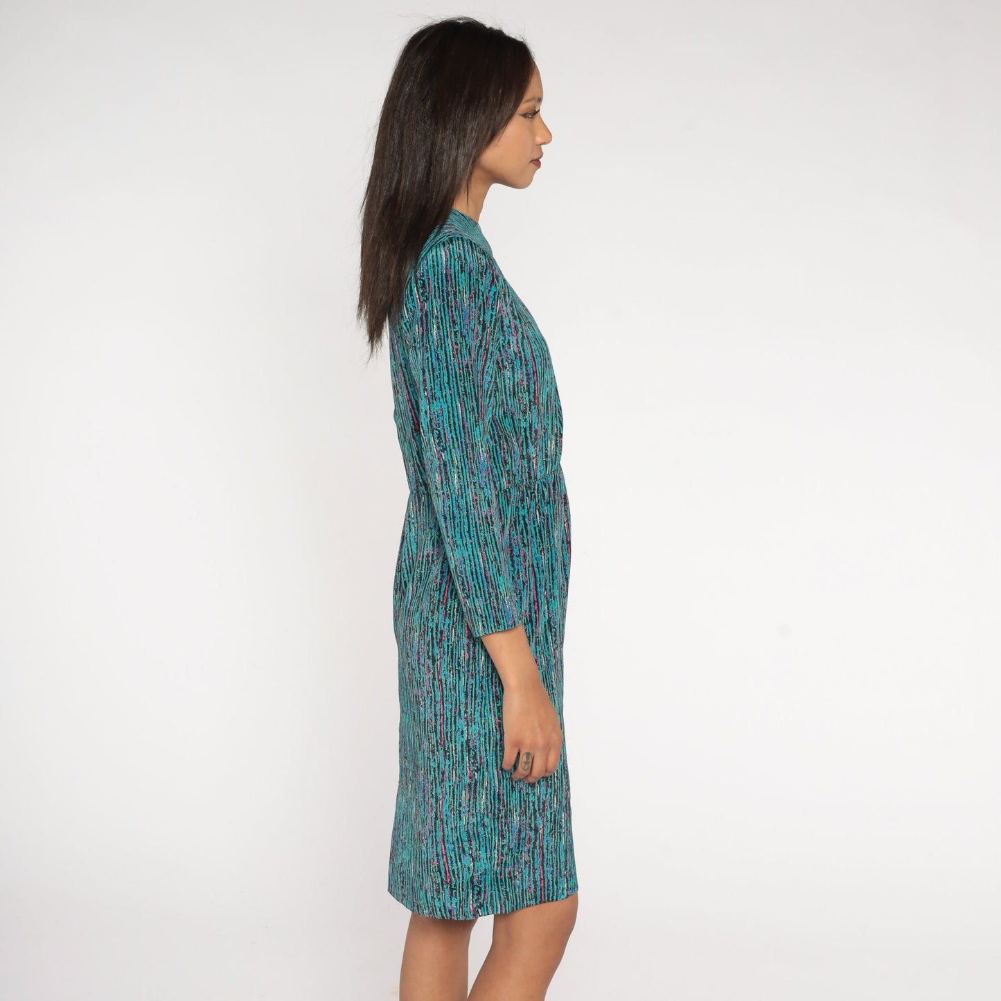 80s Turquoise Striped Midi Dress High Waist Long Sleeve Small S