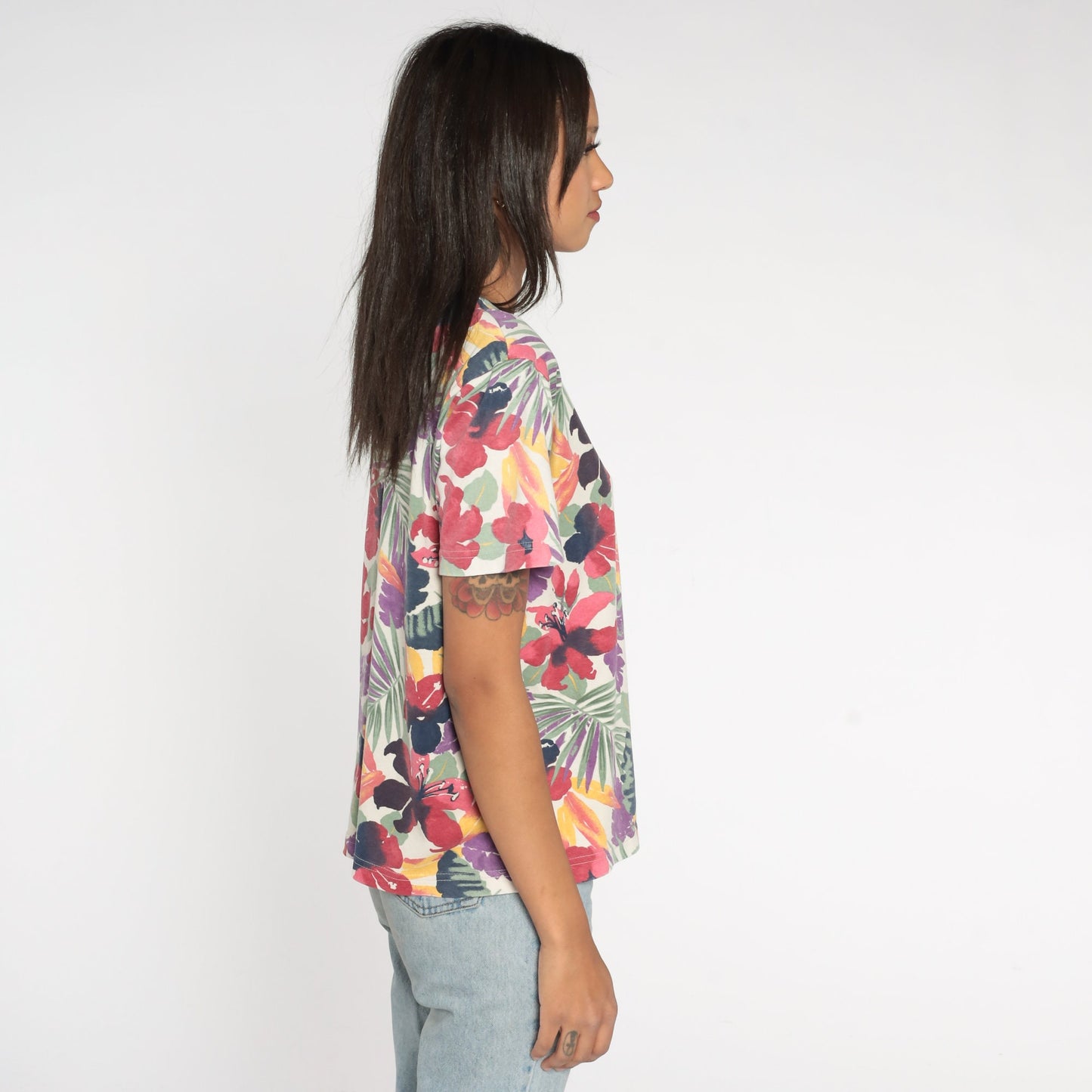 90s Jaclyn Smith Tropical Floral Blouse Off-White Multicolor Print Medium