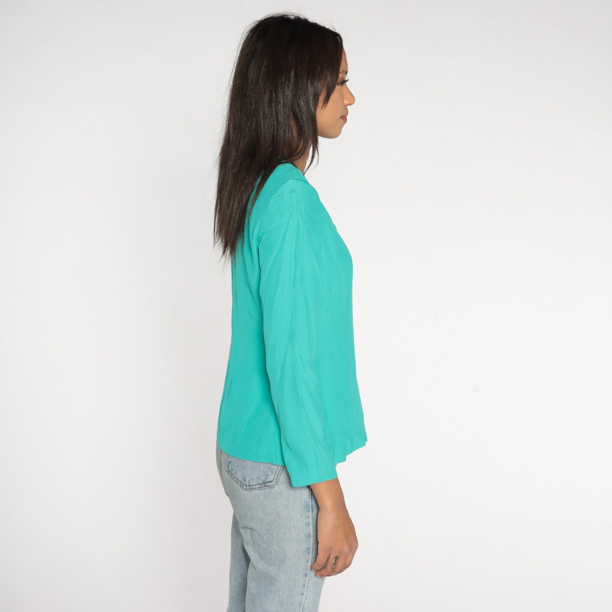 80s Turquoise Button-Up Blouse V-Neck Long Sleeve Shirt Small S
