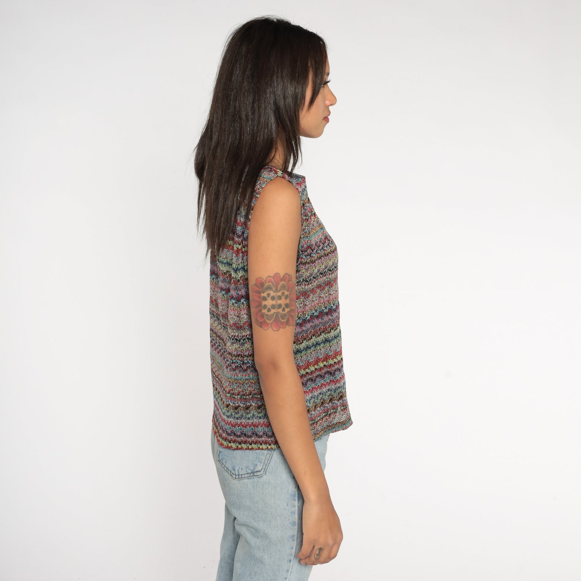 Y2K Striped Rainbow Tank Top Sleeveless Blouse Large