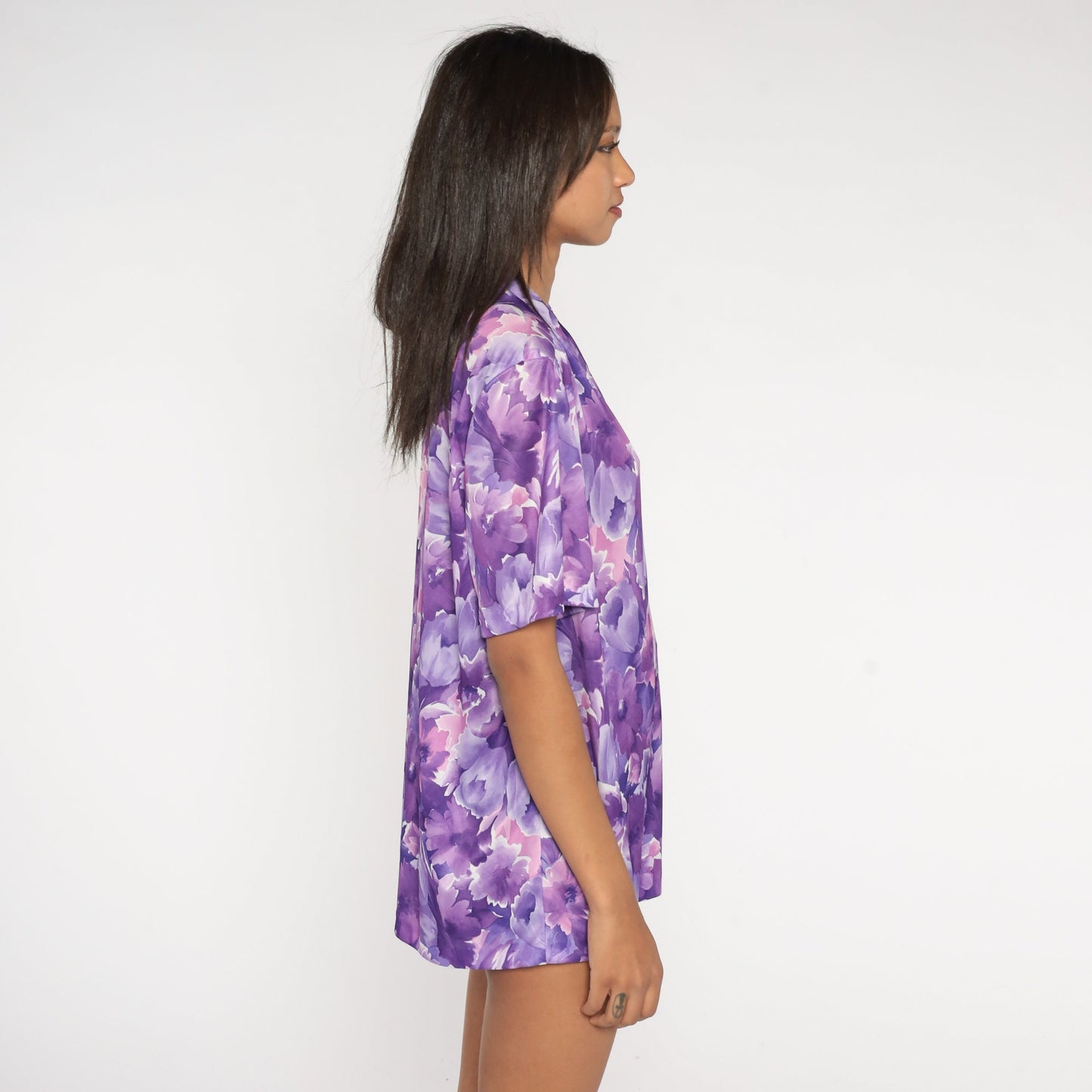 70s Purple Floral Tunic Blouse V Neck Short Sleeve Shirt Extra Large XL