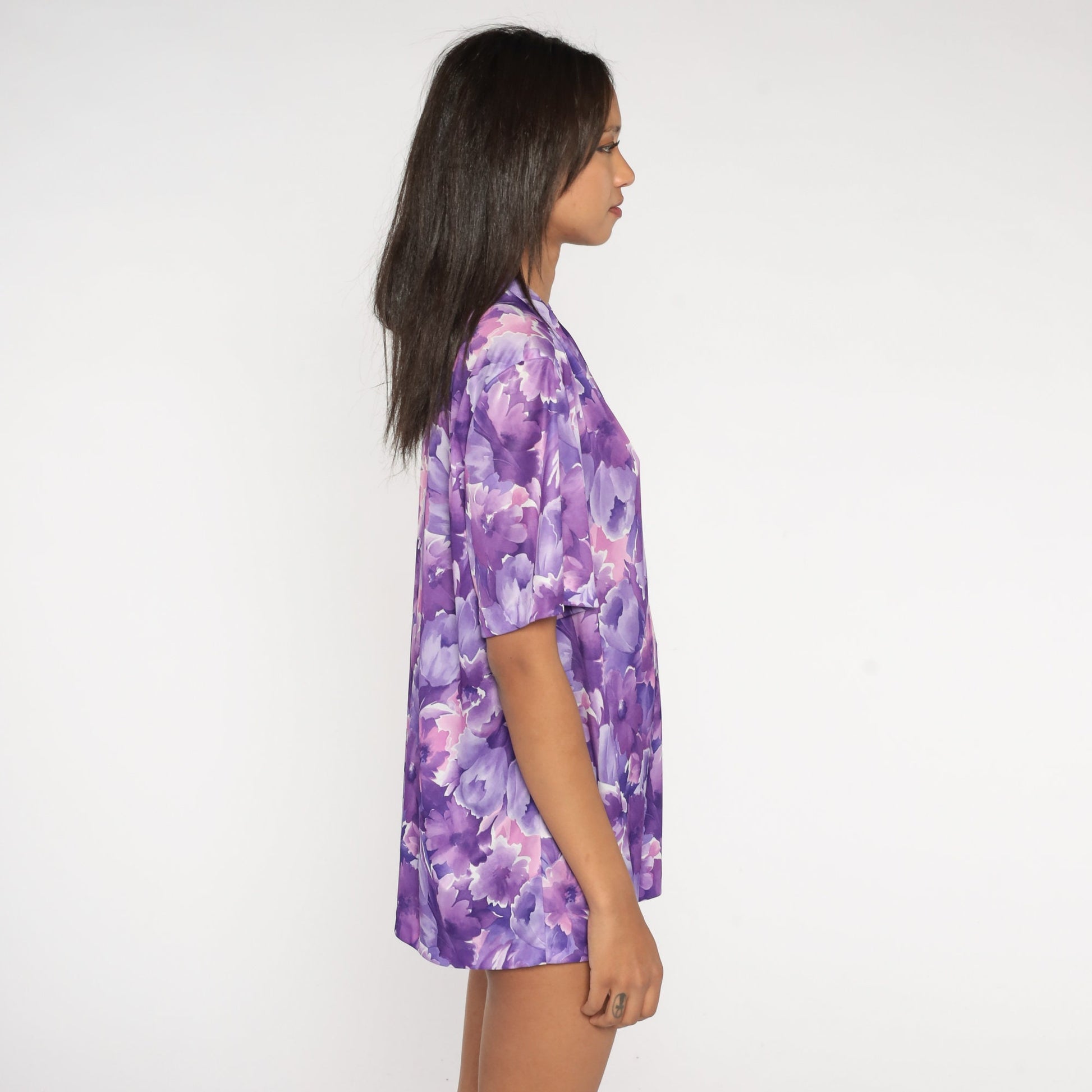 70s Purple Floral Tunic Blouse V Neck Short Sleeve Shirt Extra Large XL