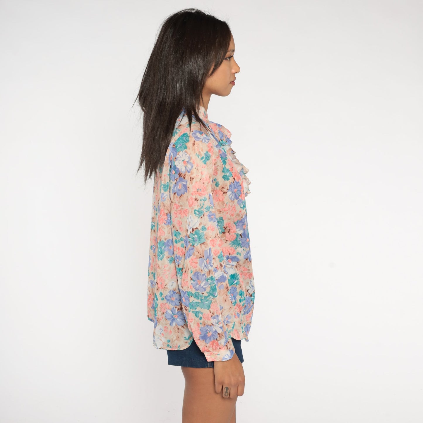 70s Floral Ruffle Tuxedo Blouse Pink Blue Button Up Long Sleeve Medium Large