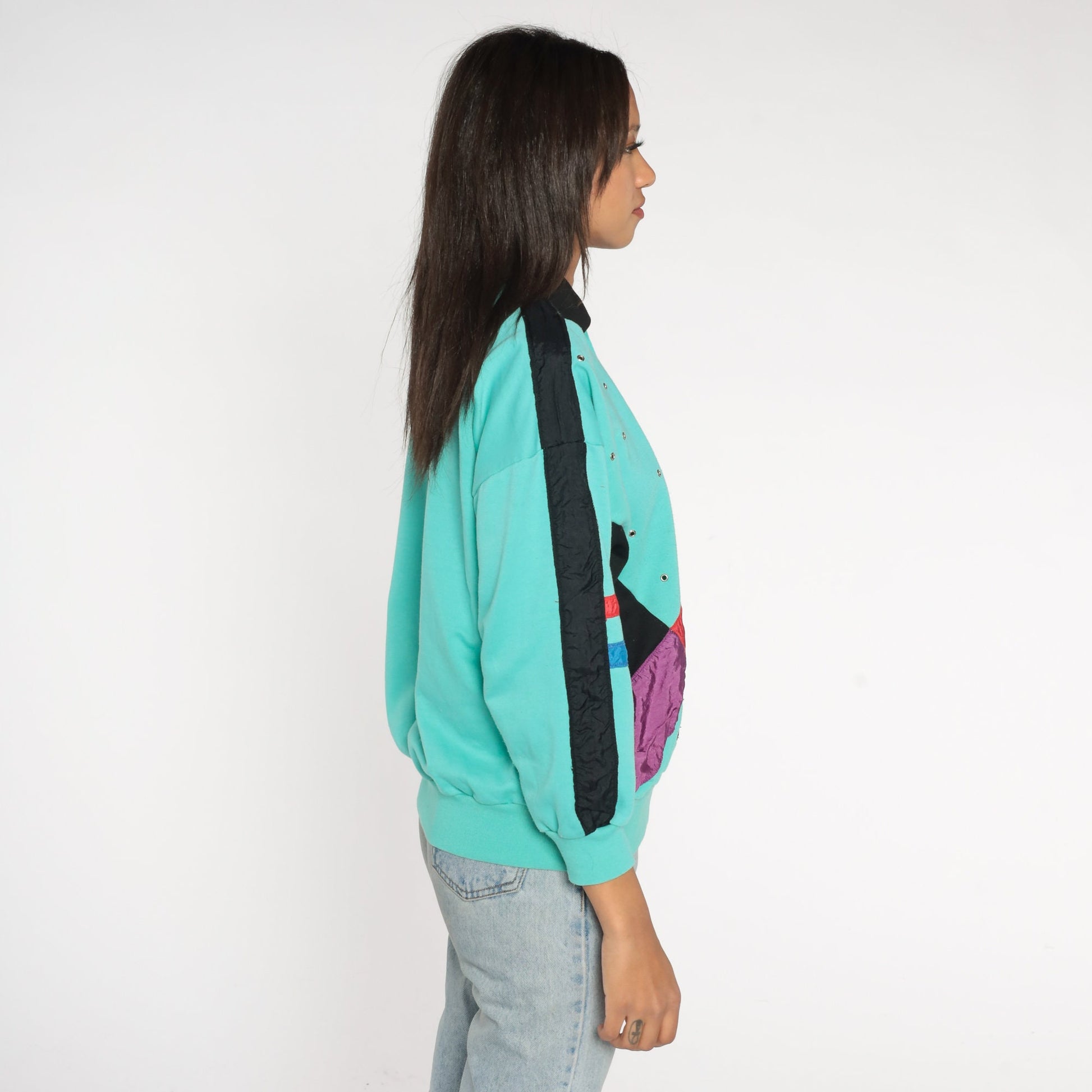 80s Adolfo Sport Color Block Sweatshirt Turquoise Striped Polo Rivets Medium