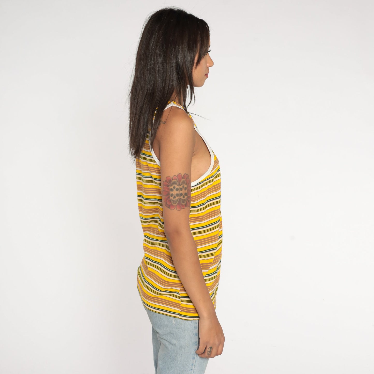 80s Striped Ringer Tank Top Yellow Brown Green White Single Stitch Small